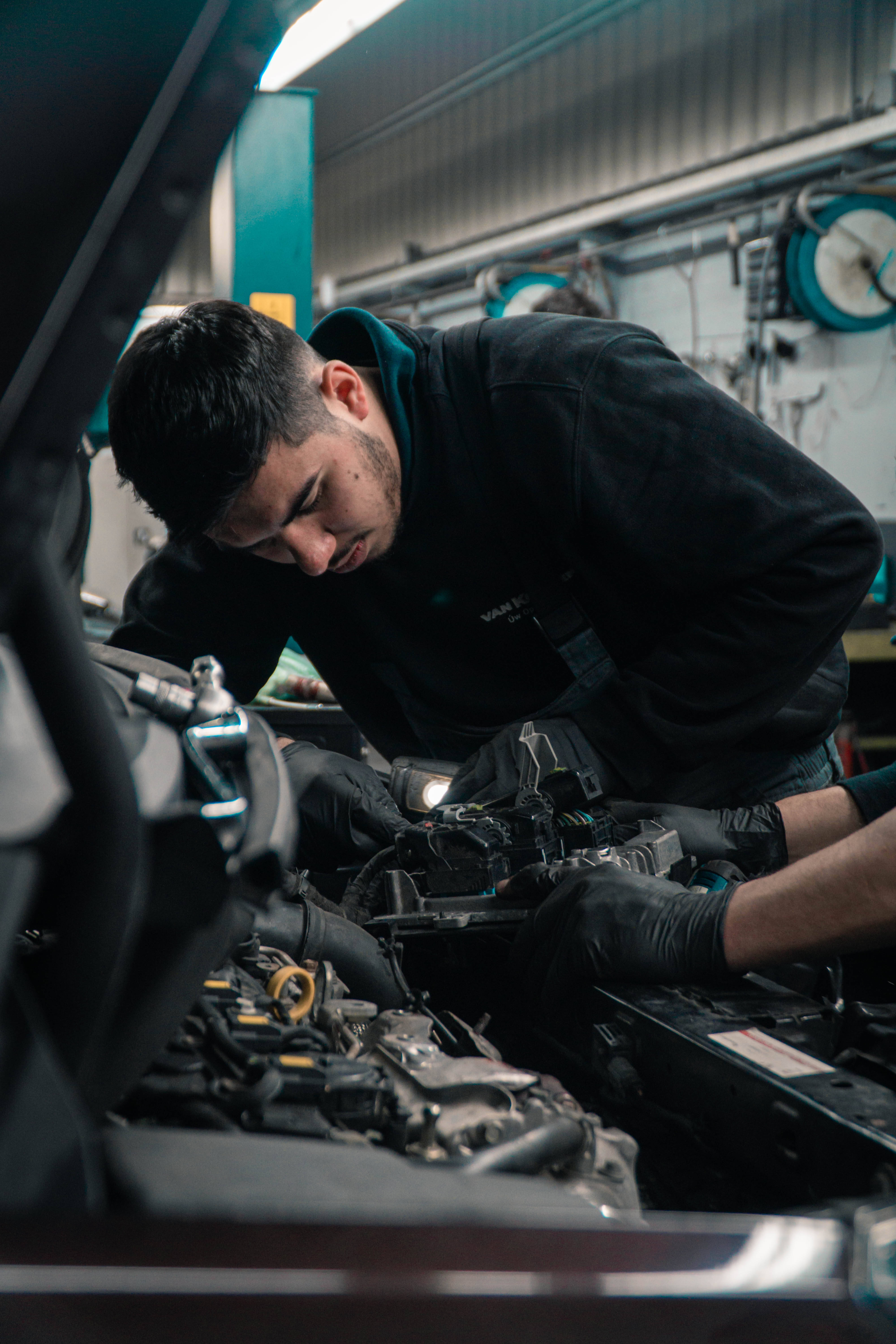 car engine, black gloves, bright workshop lights, 5K Phone Wallpaper