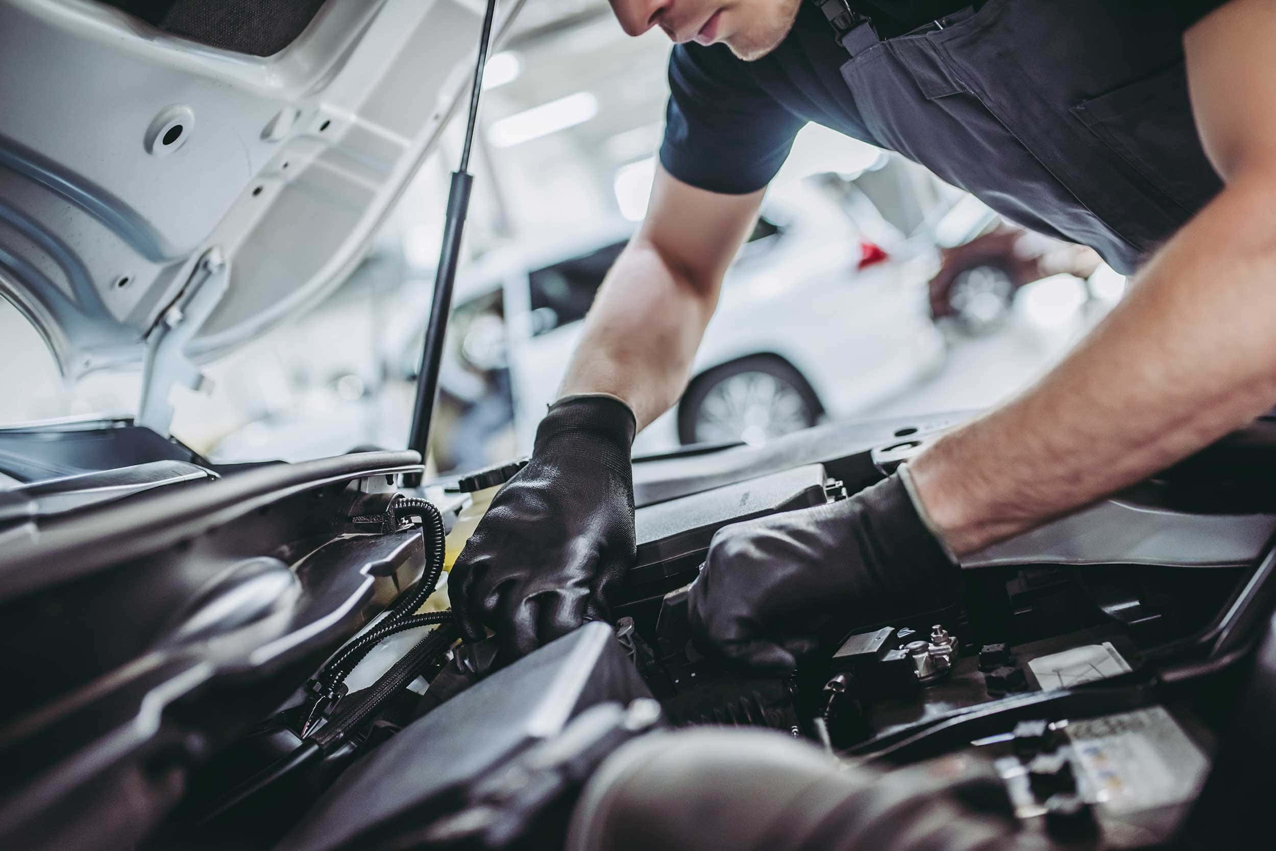 black gloves, car engine, auto repair shop, Full HD Desktop Wallpaper