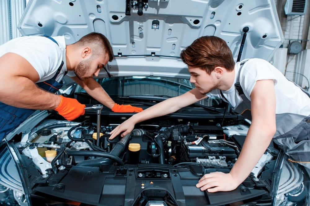 orange gloves, open car hood, engine bay, SD Desktop Wallpaper