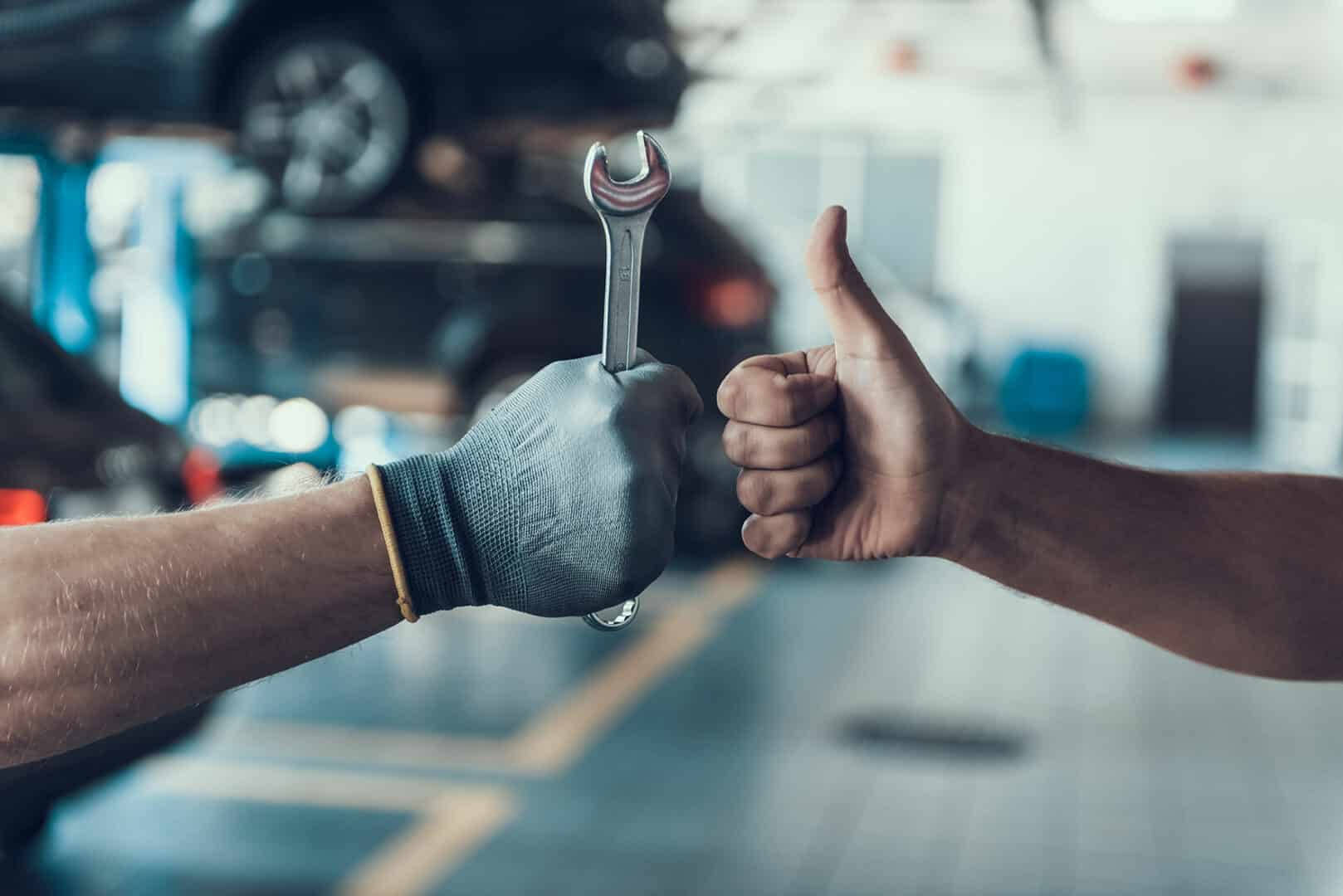 wrench, gloved hand, thumbs up, HD Desktop Wallpaper