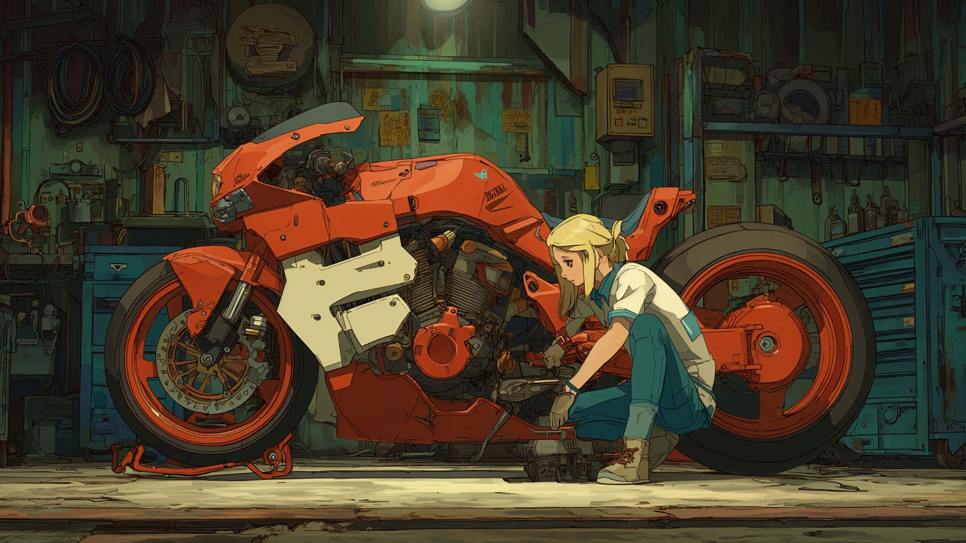 blonde mechanic, overalls, bright orange motorcycle, Full HD Desktop Wallpaper