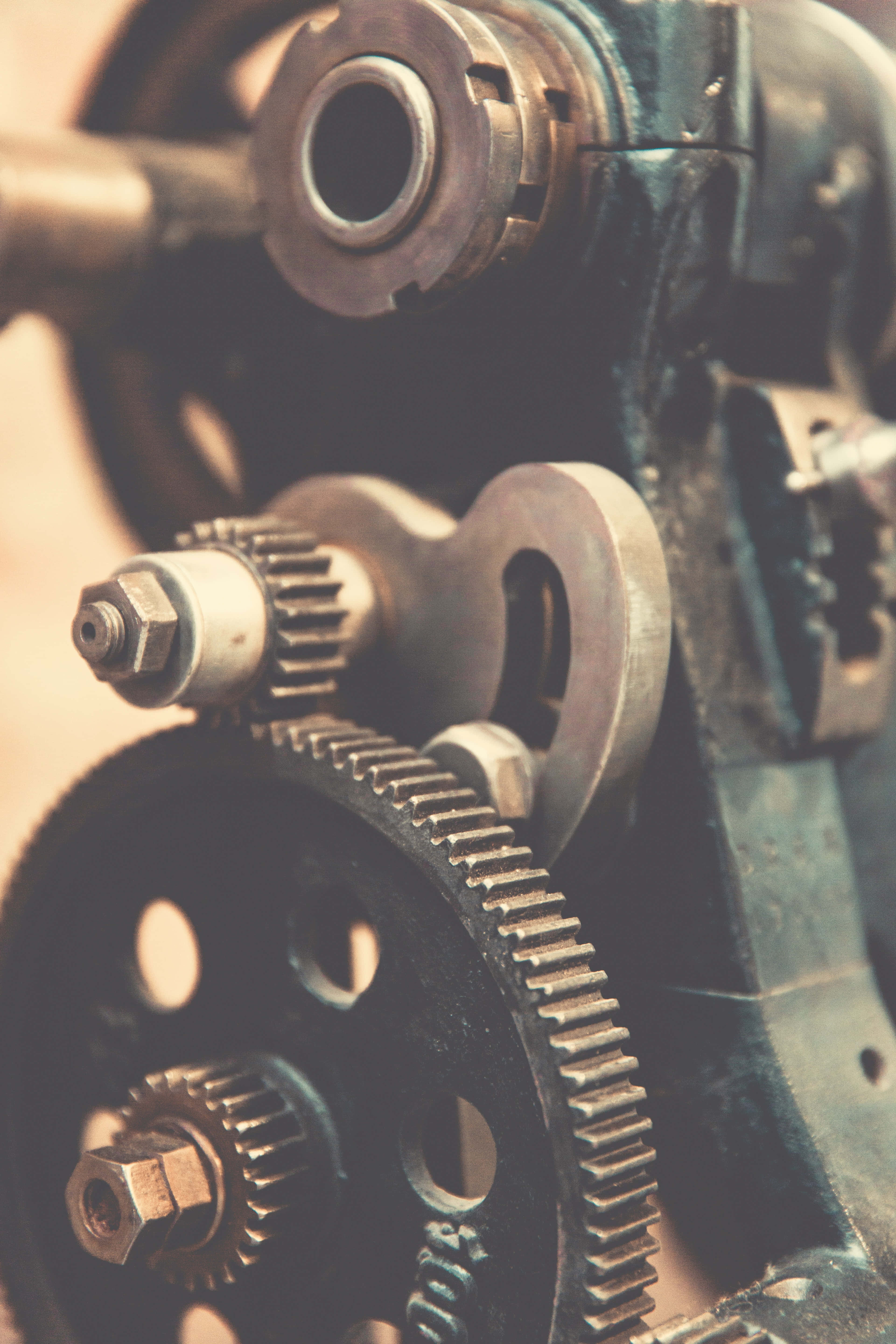vintage industrial gears, bolts, warm sepia tones, 5K Phone Wallpaper