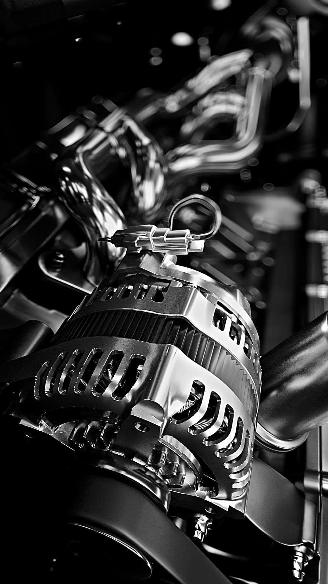 chrome alternator, intricate engine components, monochrome, Full HD Phone Wallpaper