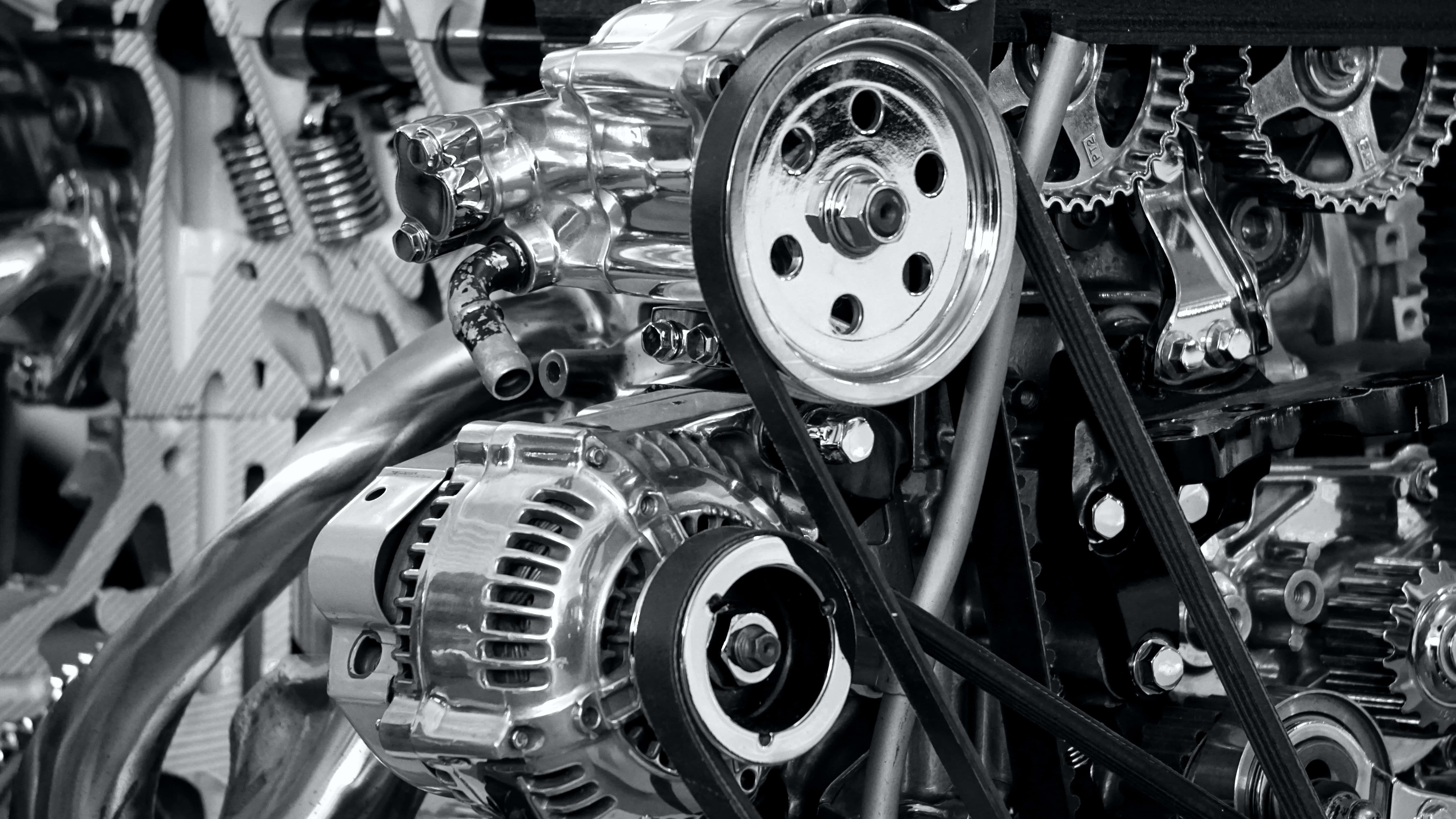 black and white shot, gleaming engine, belts, 5K Desktop Wallpaper