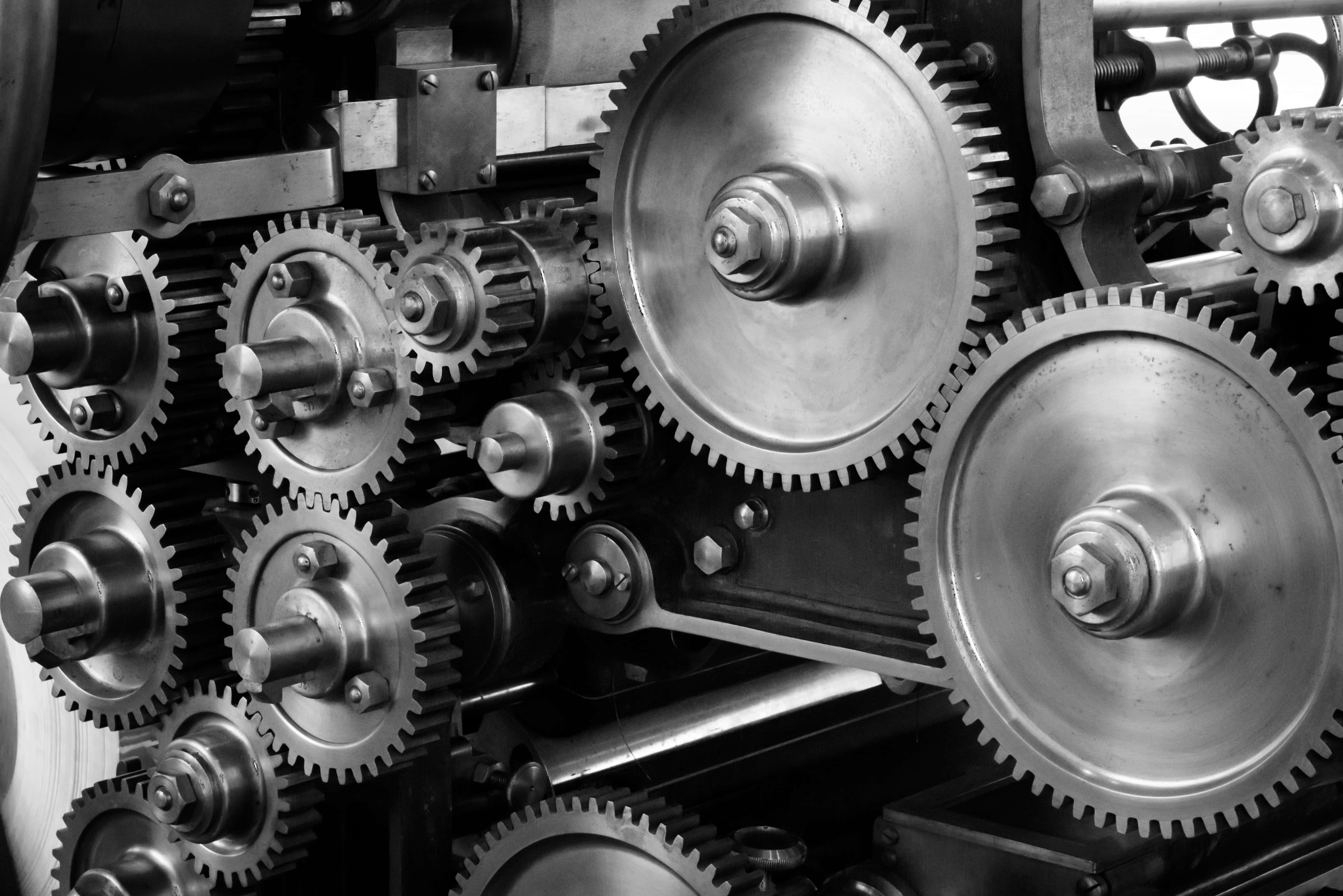 mechanical engineering, interlocking metal gears, monochrome, 5K Desktop Wallpaper
