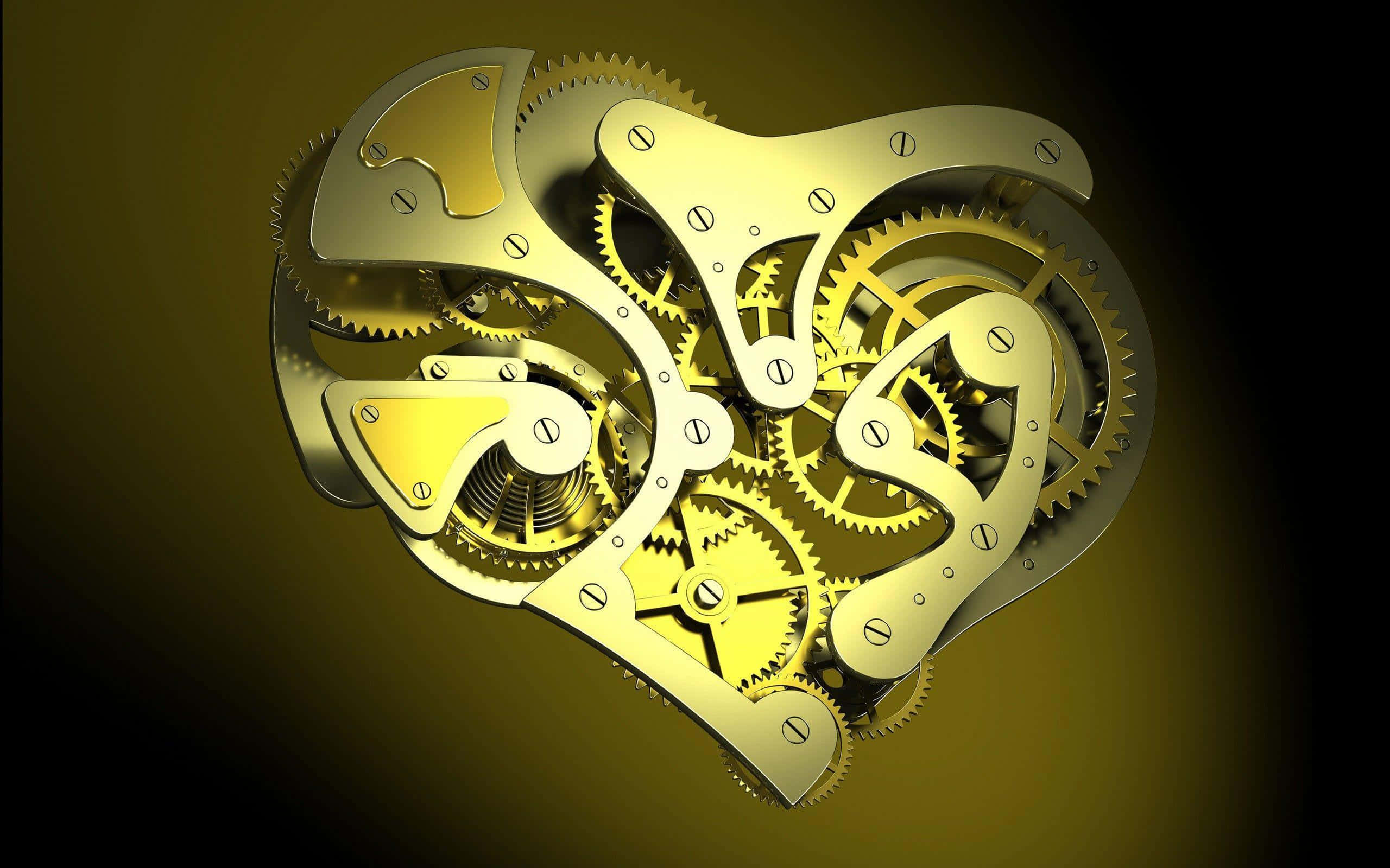 golden heart, gears, cogs, 2K Desktop Wallpaper