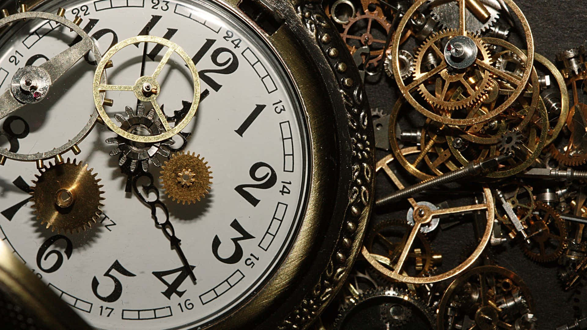 mechanical engineering, clock face, brass gears, Full HD Desktop Wallpaper