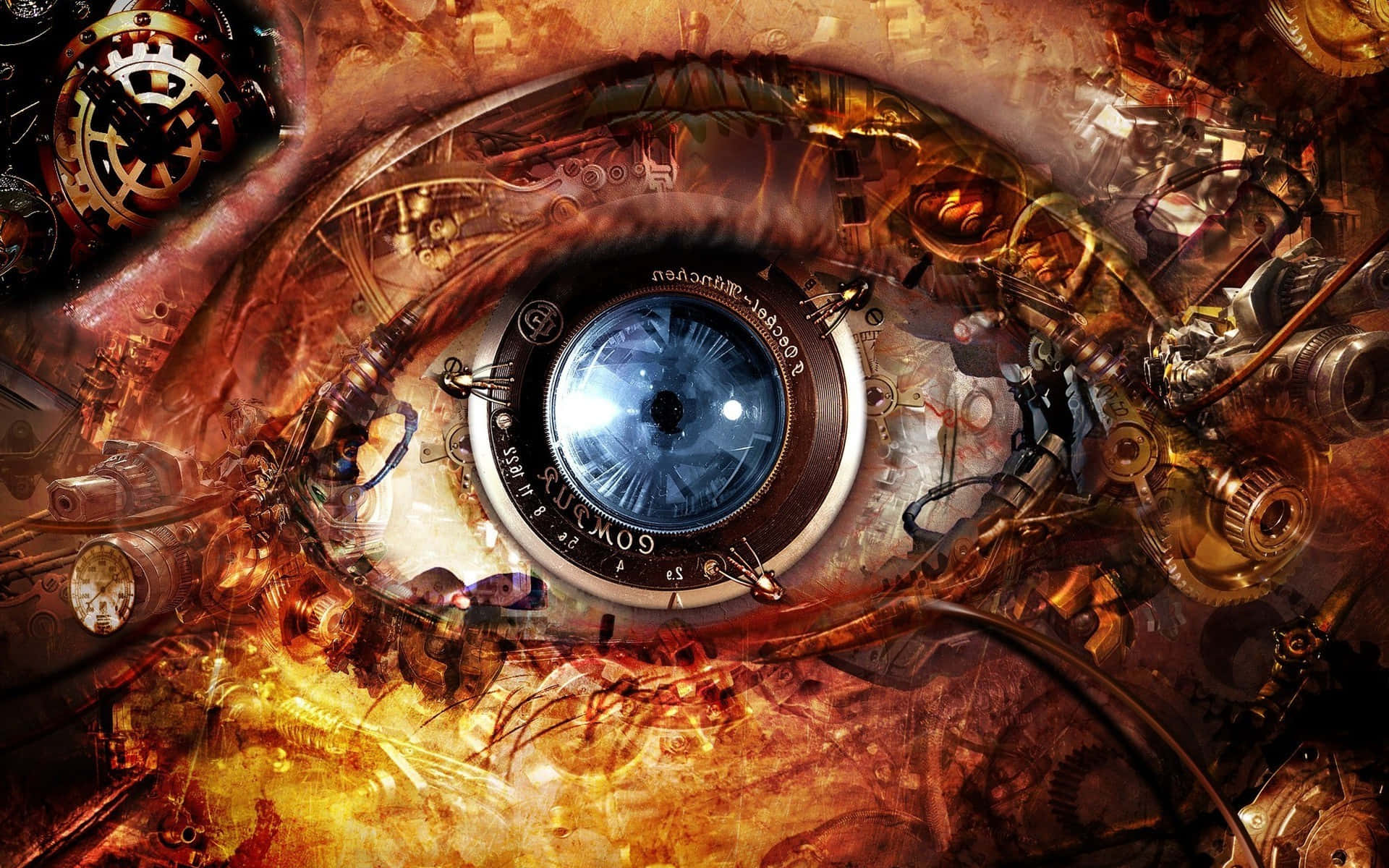 steampunk eye, camera lens iris, brass gears, Full HD Desktop Wallpaper