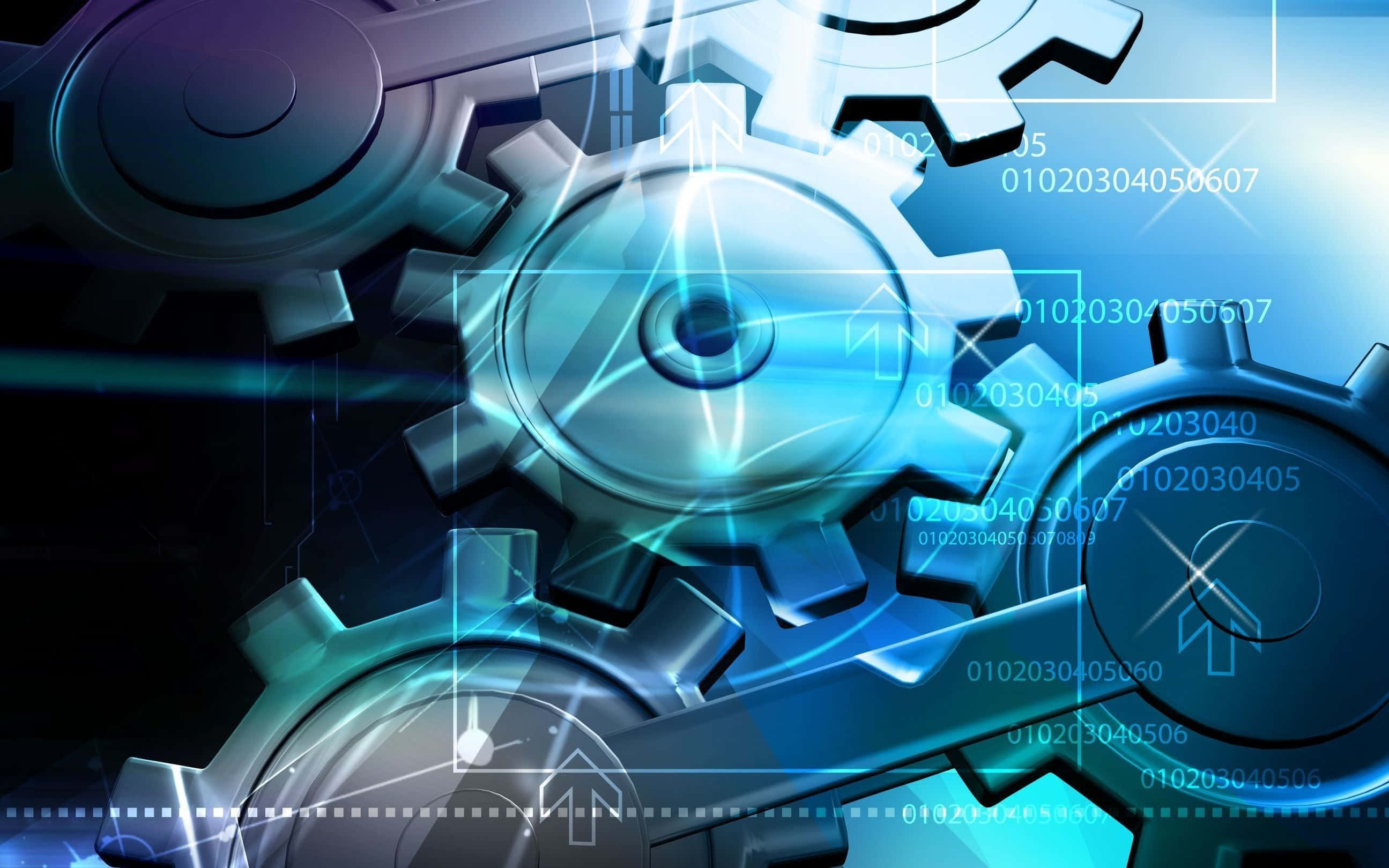 gears, blue background, glowing blue digital backdrop, 2K Desktop Wallpaper