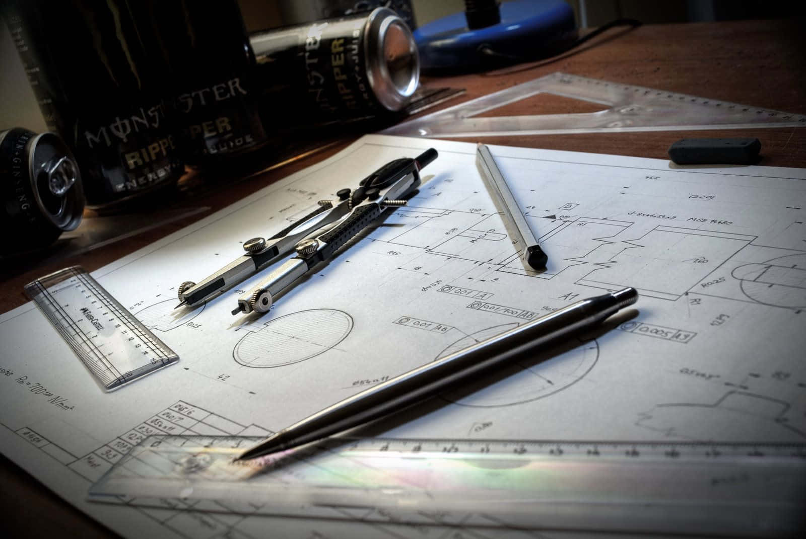 drafting tools, energy drink cans, blueprint, HD Desktop Wallpaper