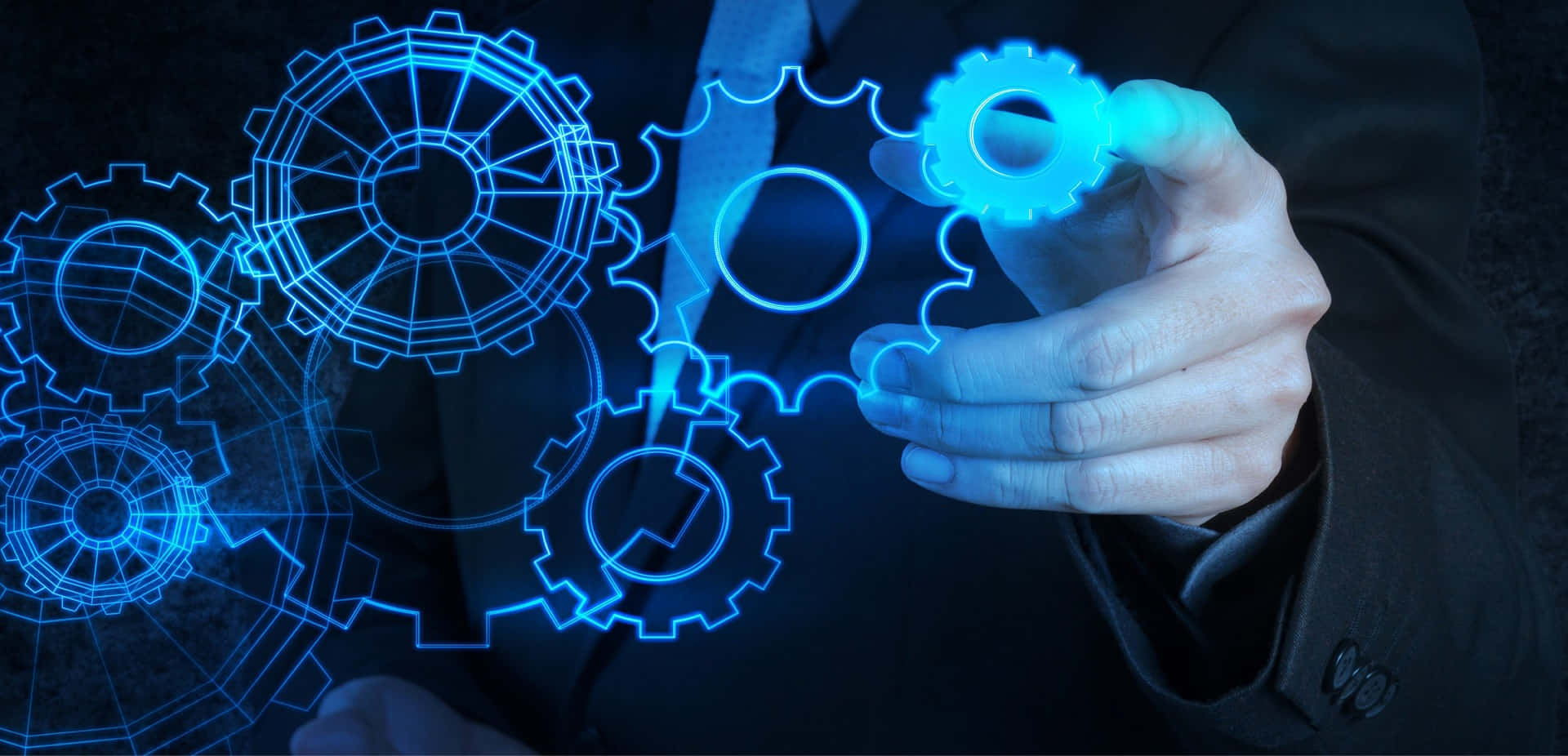Mechanical Engineering, glowing blue holographic gears, dark space, Full HD Desktop Wallpaper