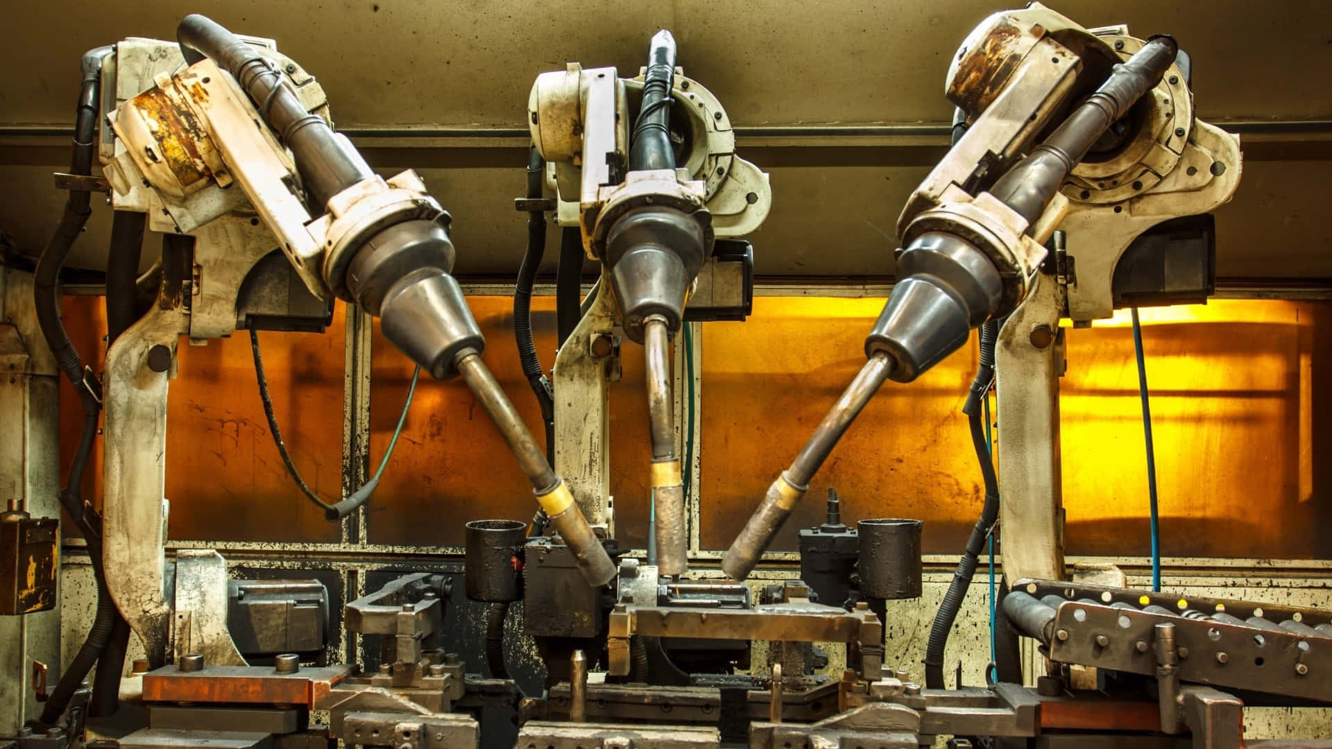 industrial robotic arms, worn metal joints, factory workbench, Full HD Desktop Wallpaper