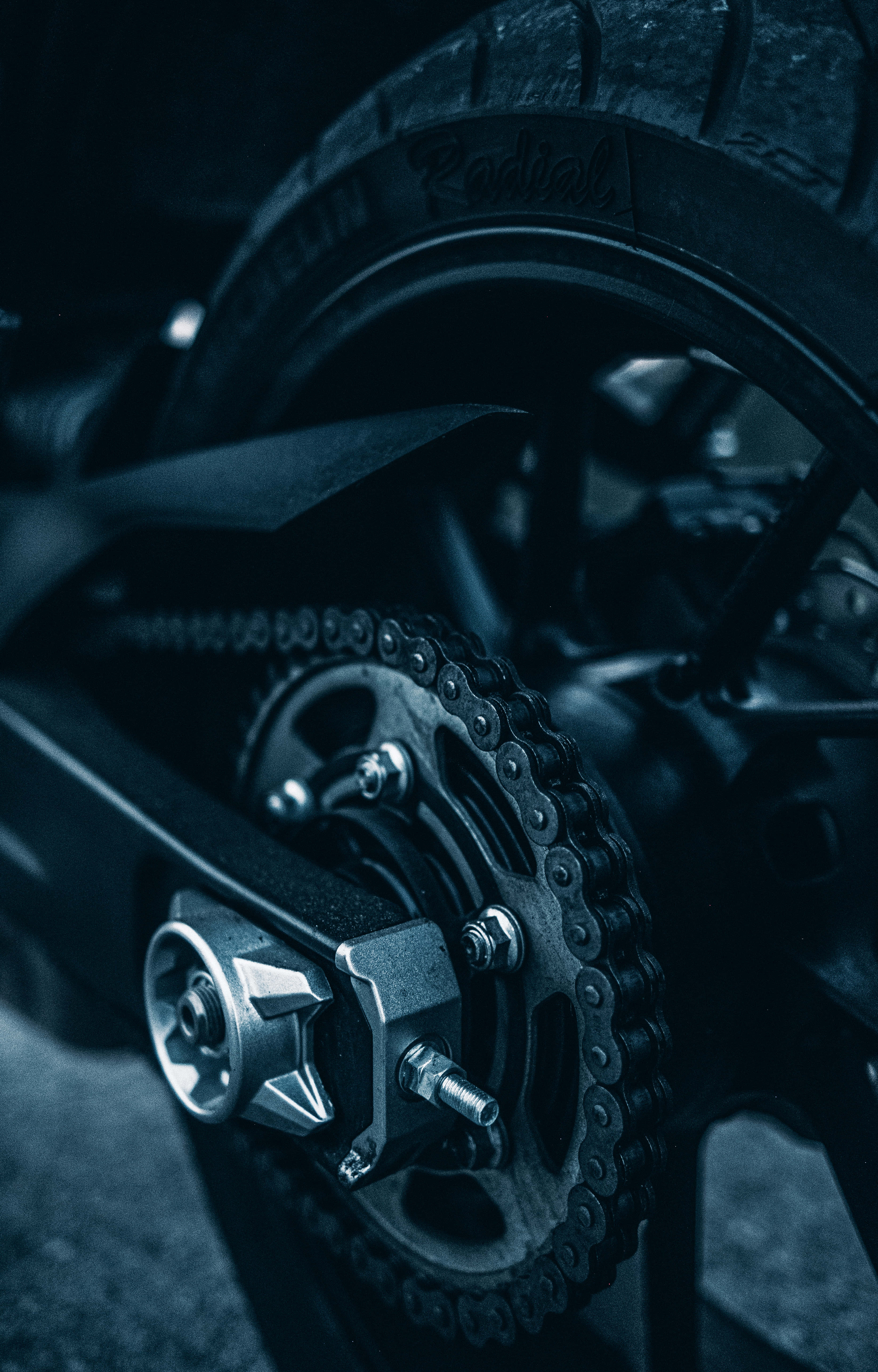 motorcycle, rear wheel, chain, 5K Phone Wallpaper