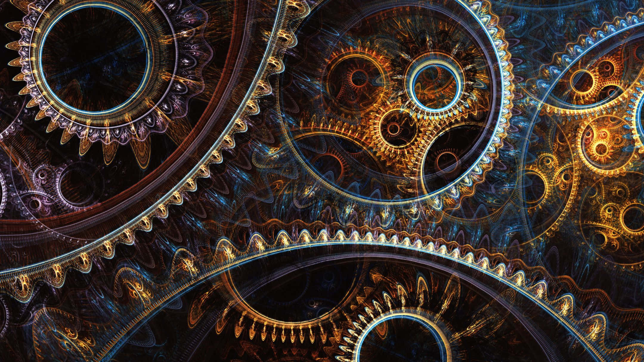glowing golden, blue mechanical gears, complex fractal pattern, Full HD Desktop Wallpaper