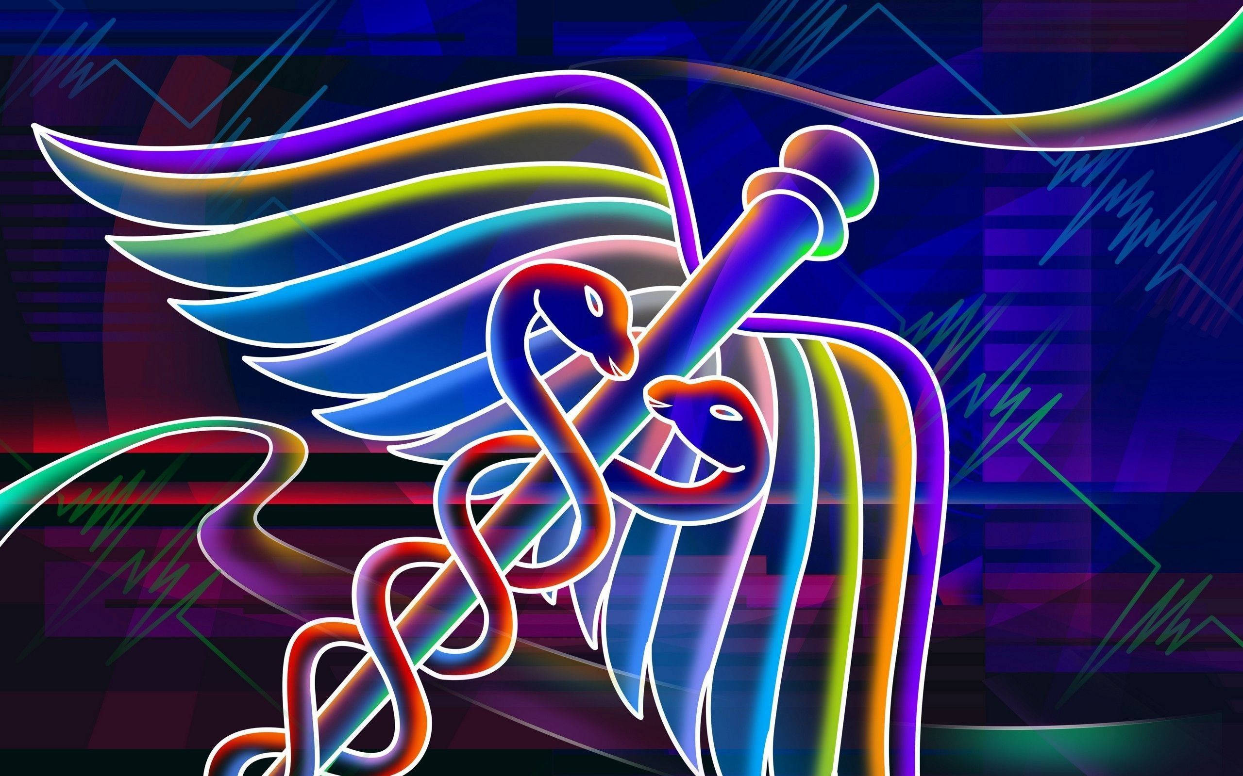 neon rainbow caduceus, wings, dark abstract background, 2K Desktop Wallpaper