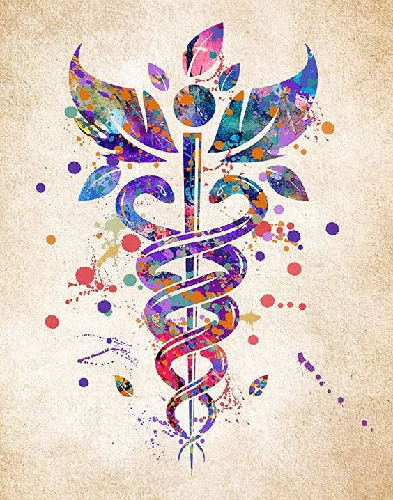 caduceus, colorful splatters, leafy wings, SD Phone Wallpaper