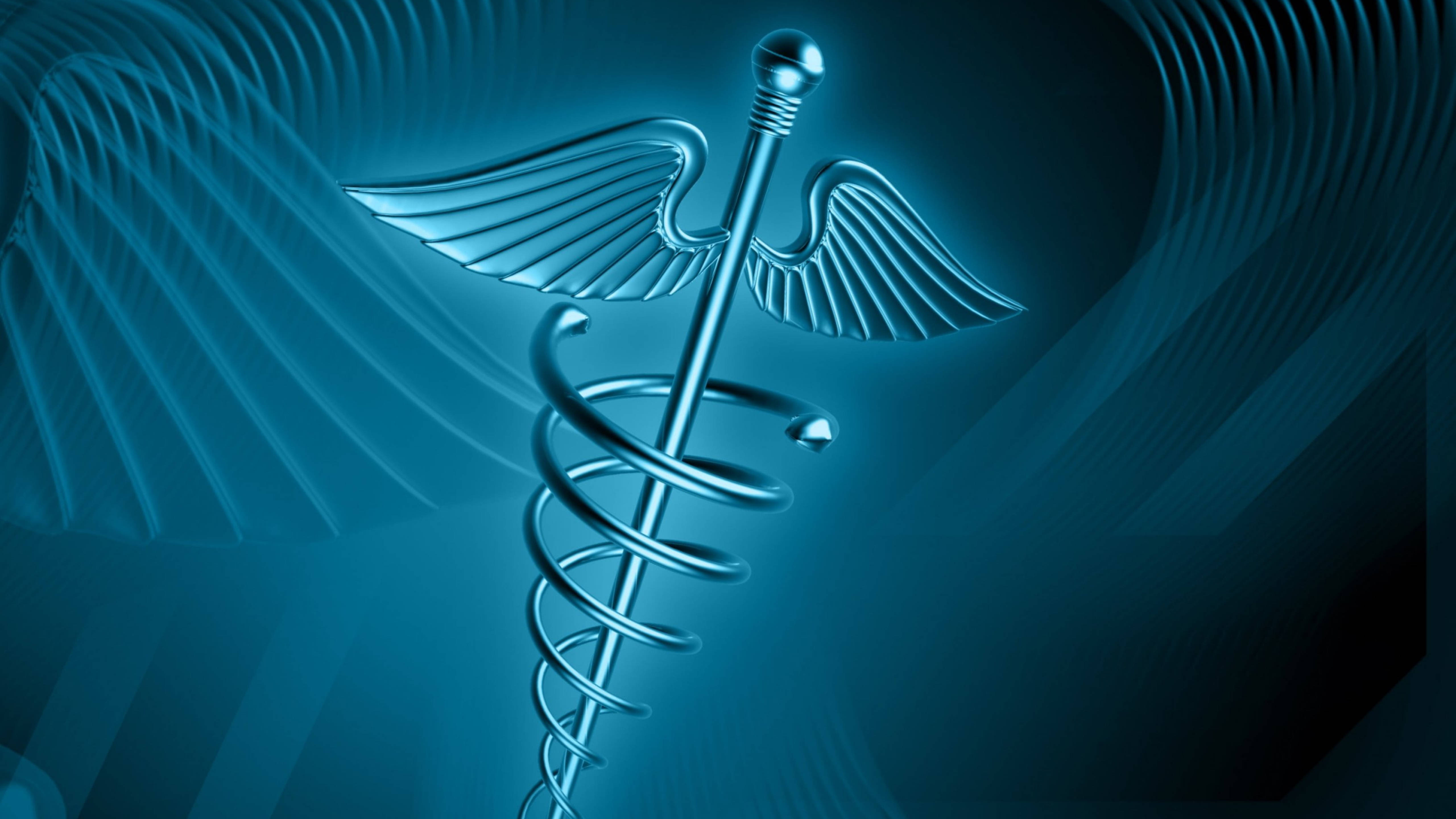 glowing blue caduceus symbol, wings, intertwined snakes, 5K Desktop Wallpaper