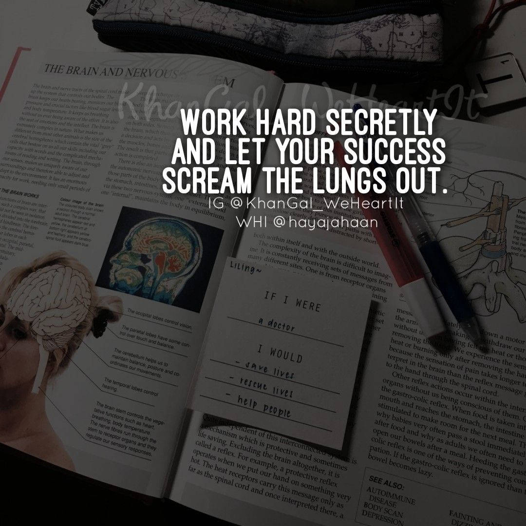 biology textbook, brain, bold white motivational text, SD Desktop Wallpaper