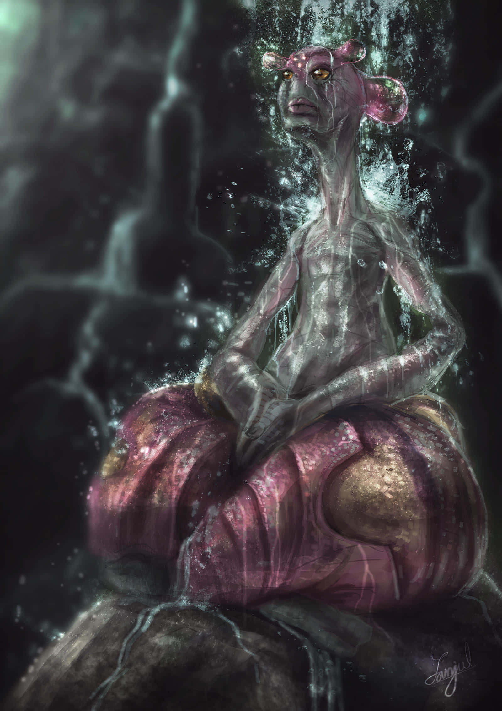 Medicham, translucent pink-skinned alien, glowing eyes, Full HD Phone Wallpaper