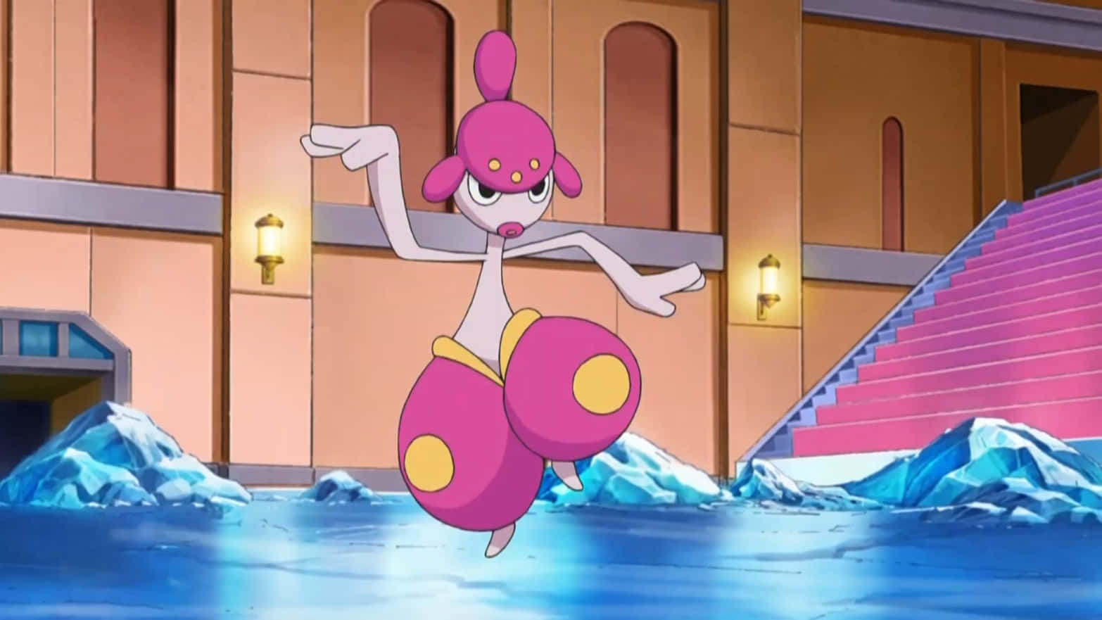Medicham, pink anime Pokémon, icy water, HD Desktop Wallpaper