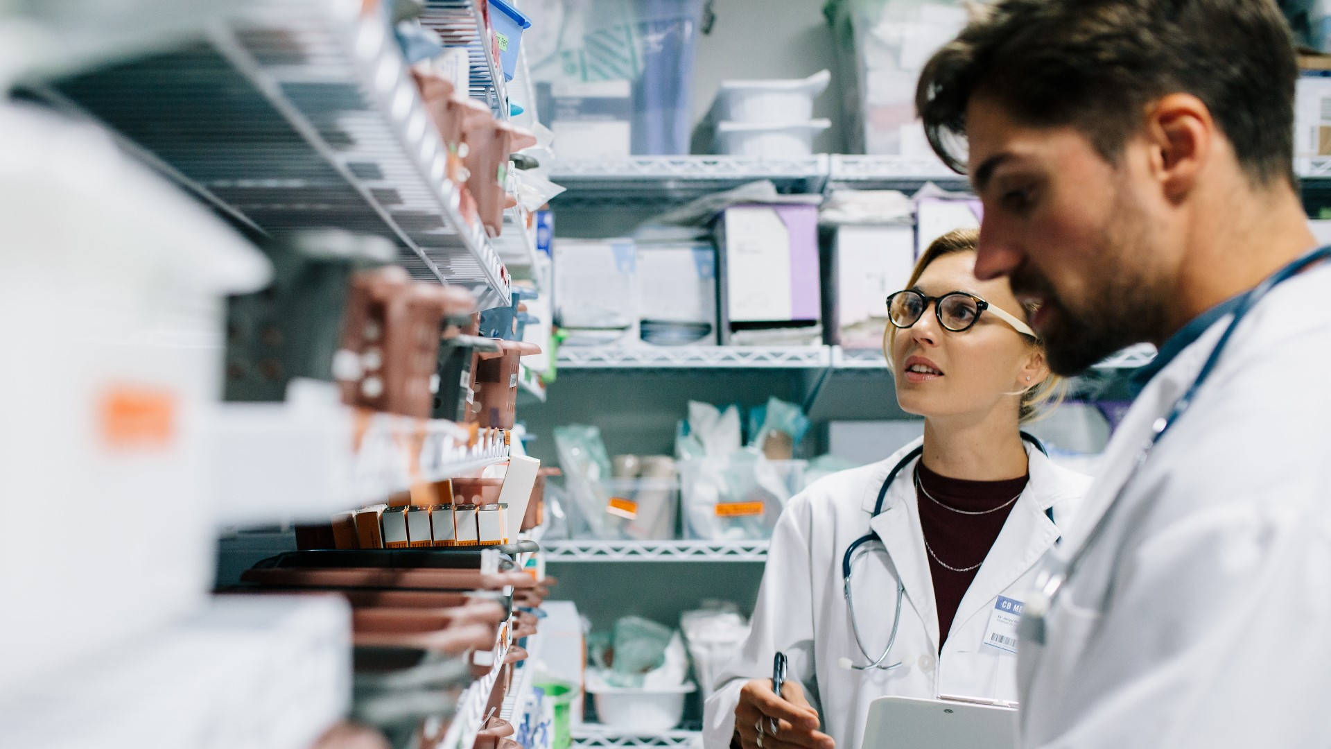 pharmacy, white coats, medication shelves, Full HD Desktop Wallpaper
