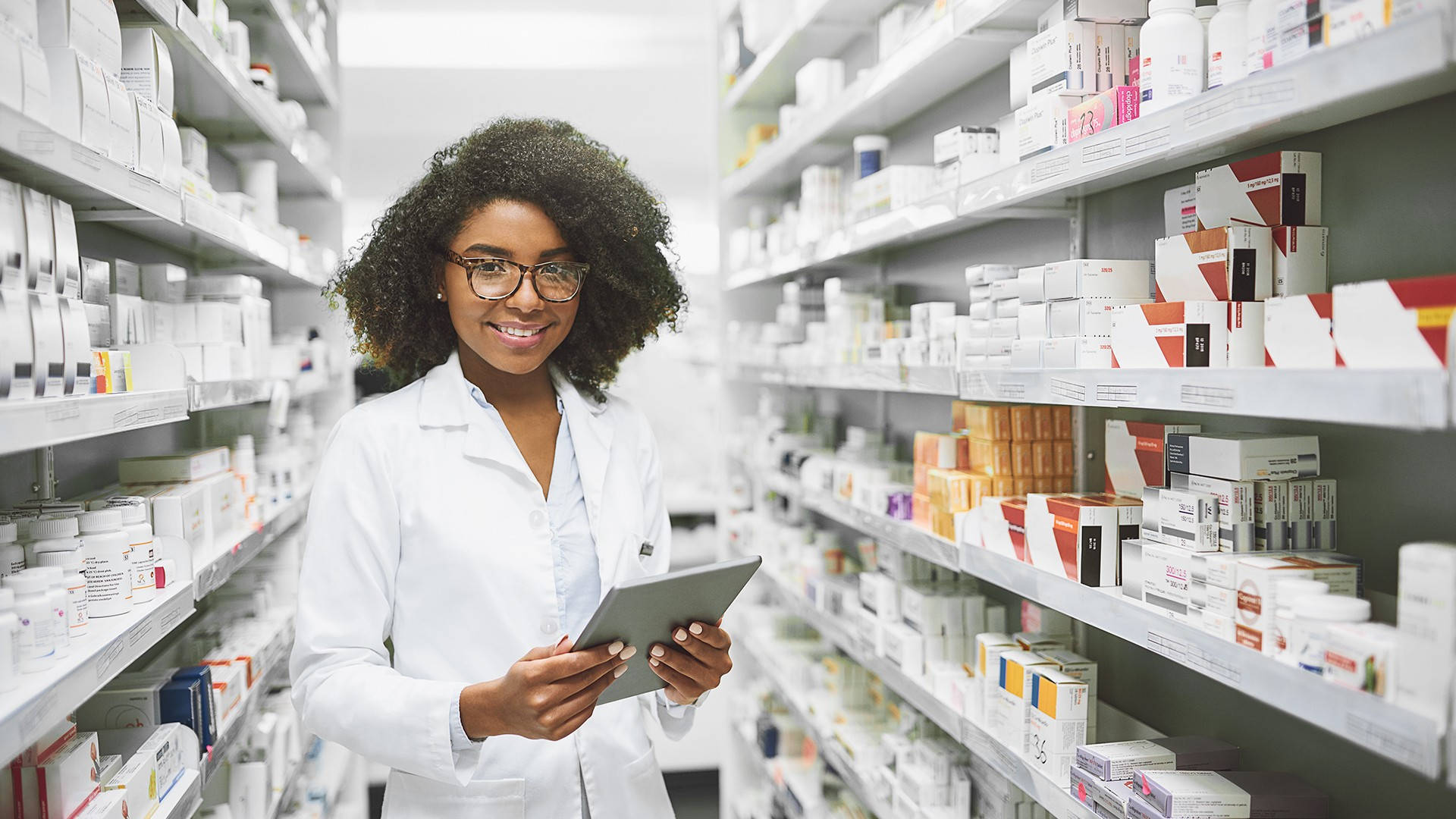 young female pharmacist, white coat, tablet, Full HD Desktop Wallpaper