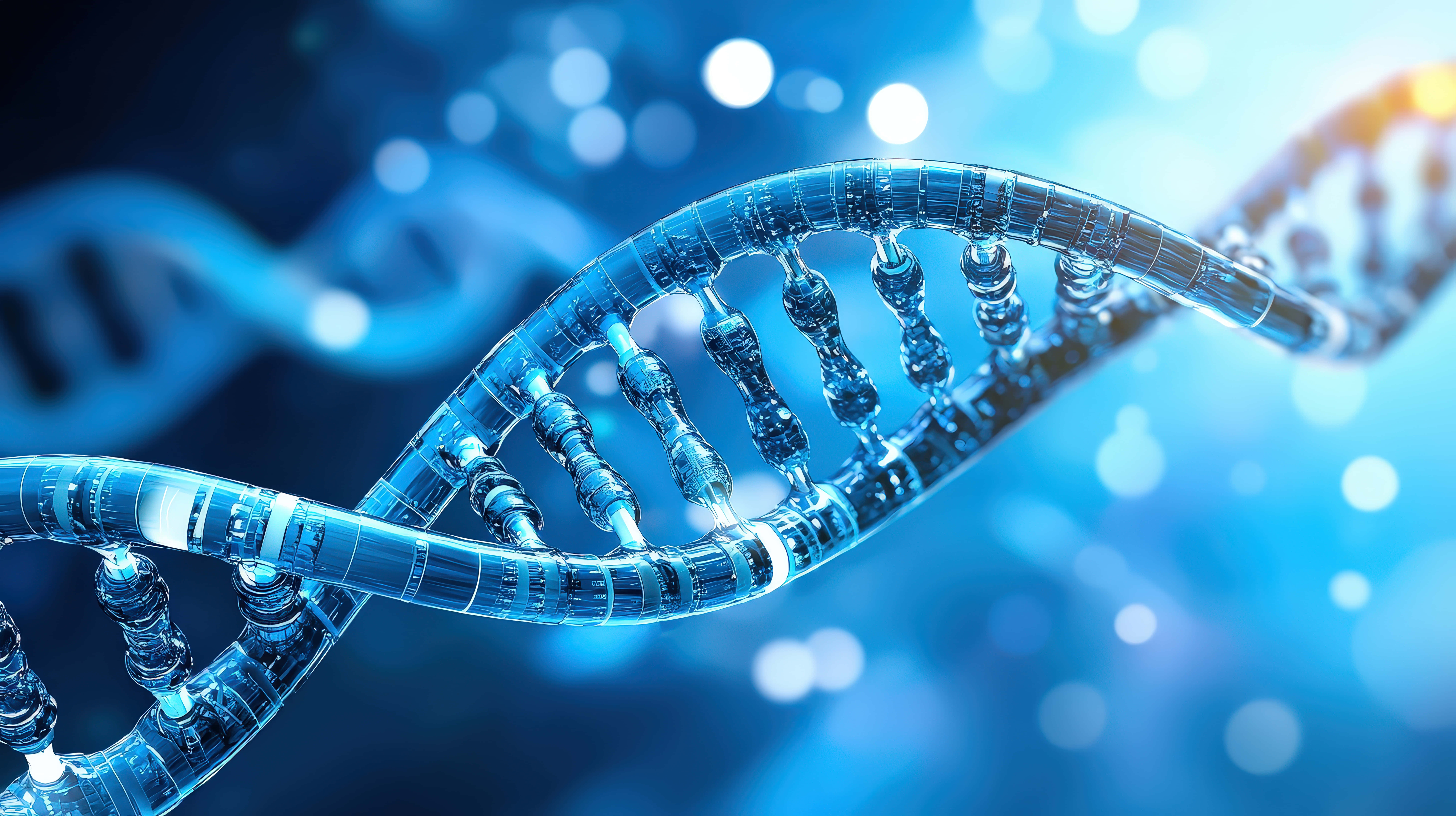 glowing bokeh background, translucent blue DNA double helix, digital environment, 8K Desktop Wallpaper