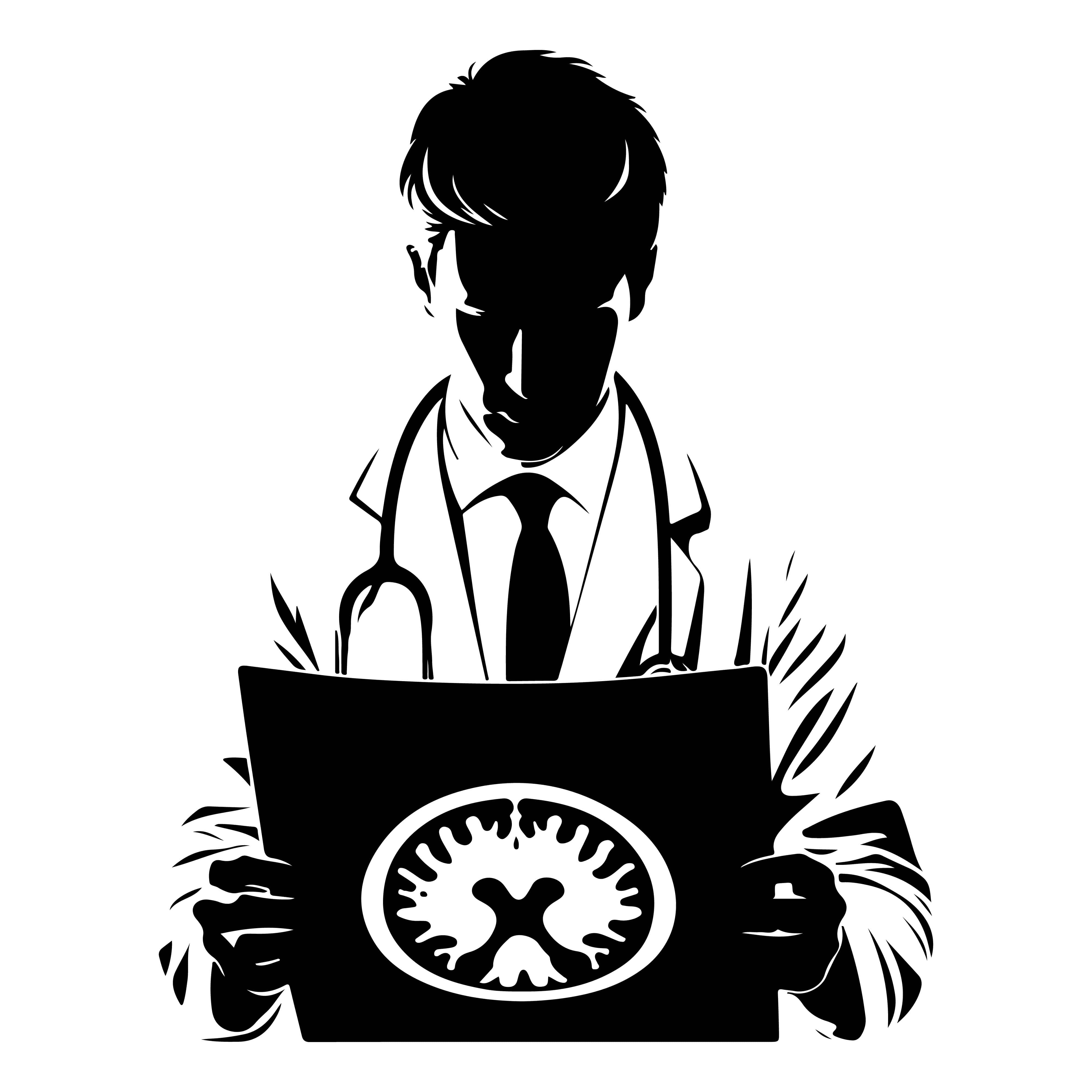 doctor in silhouette, lab coat, brain scan image, 4K Desktop Wallpaper