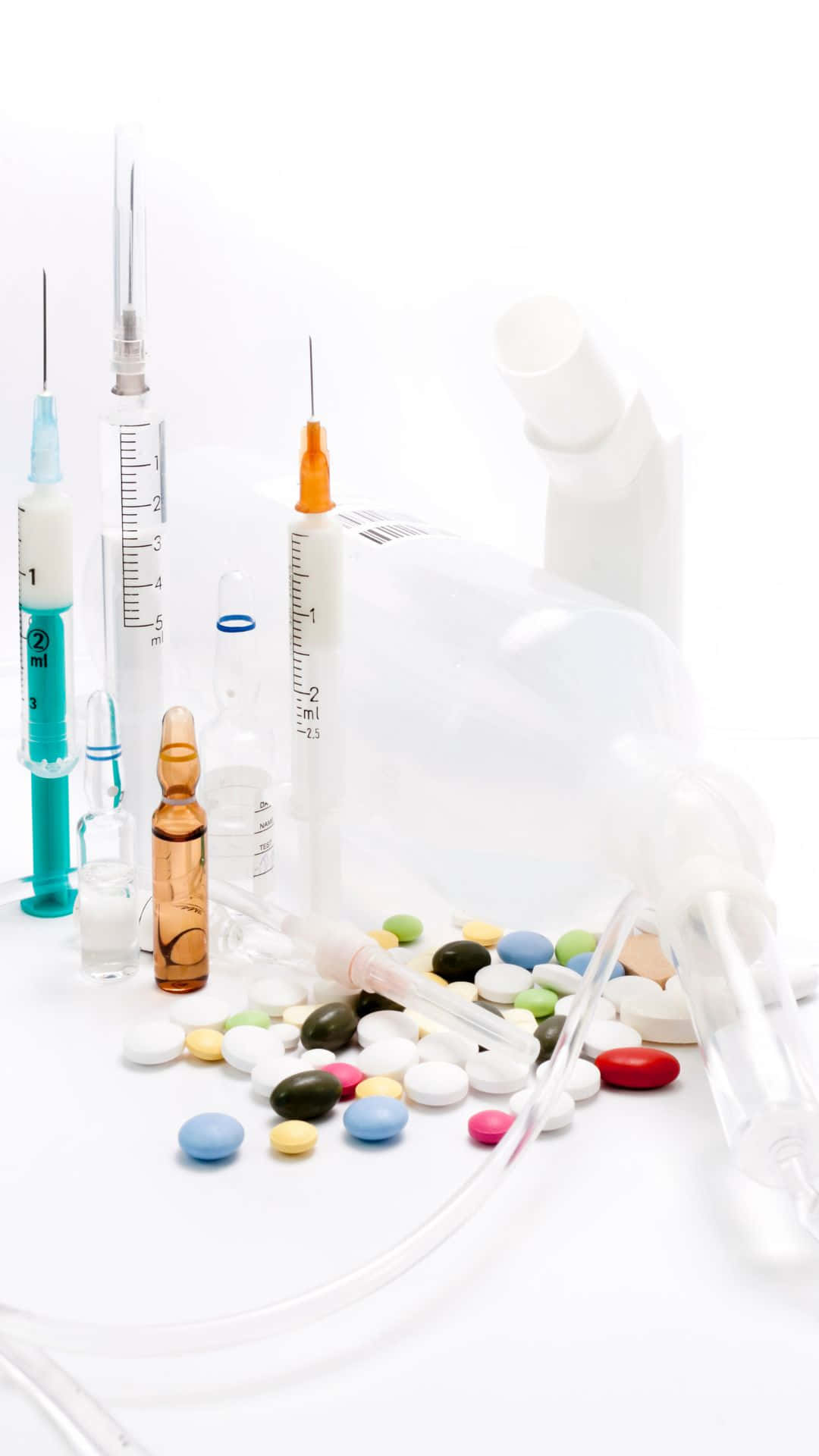 medical syringes, ampoules, colorful pills, Full HD Phone Wallpaper