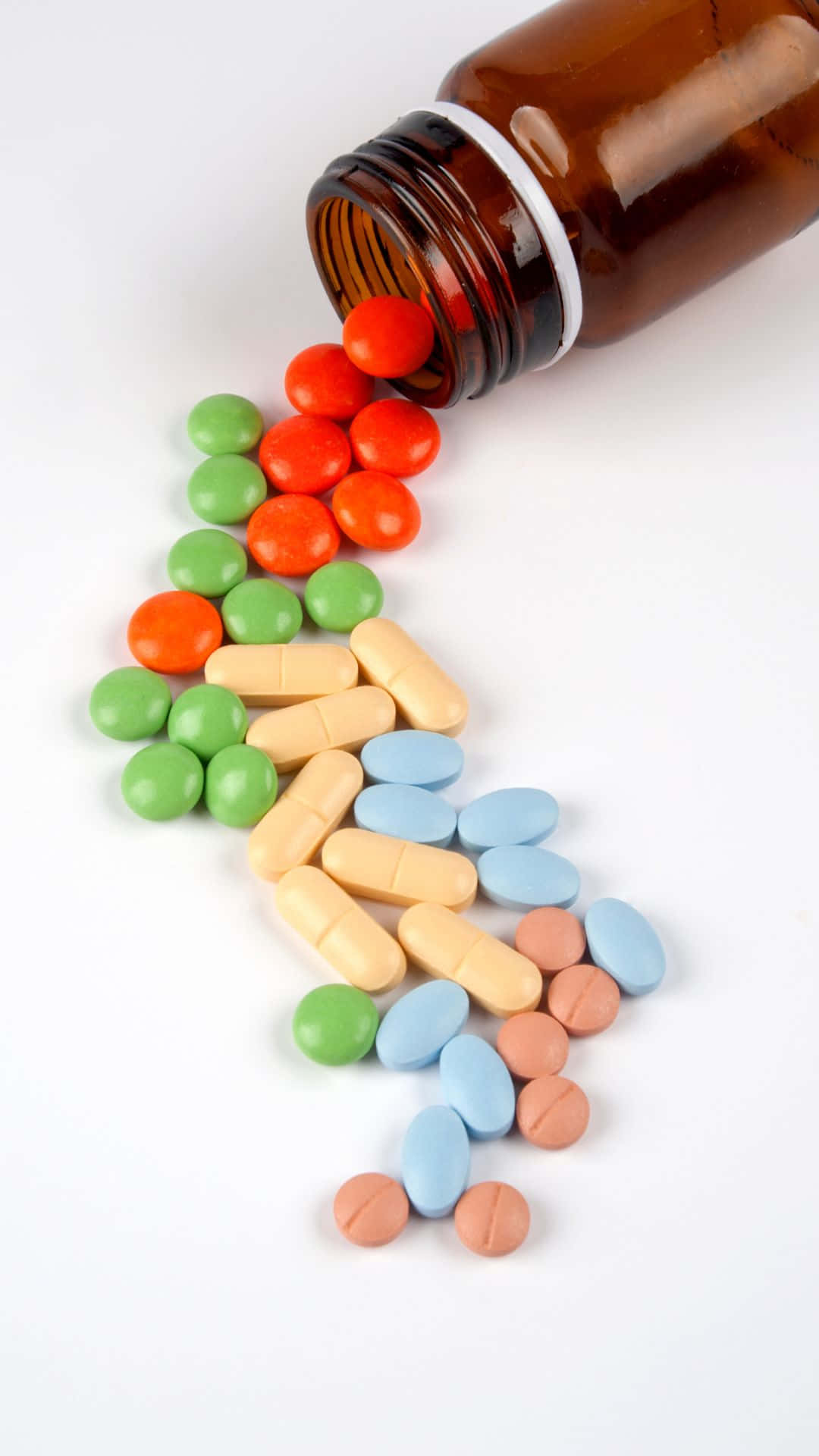 brown pill bottle, red pills, green pills, Full HD Phone Wallpaper
