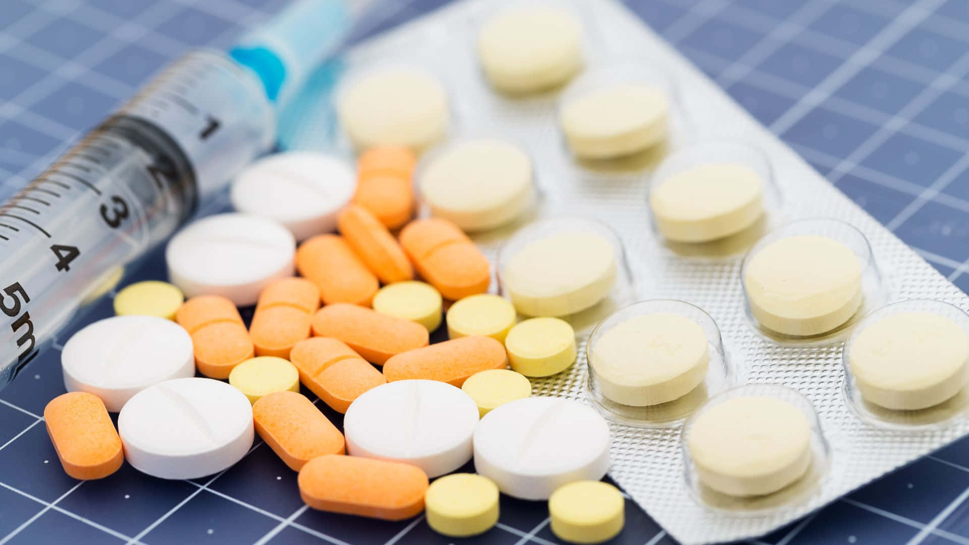 medication, syringe, blue grid surface, Full HD Desktop Wallpaper