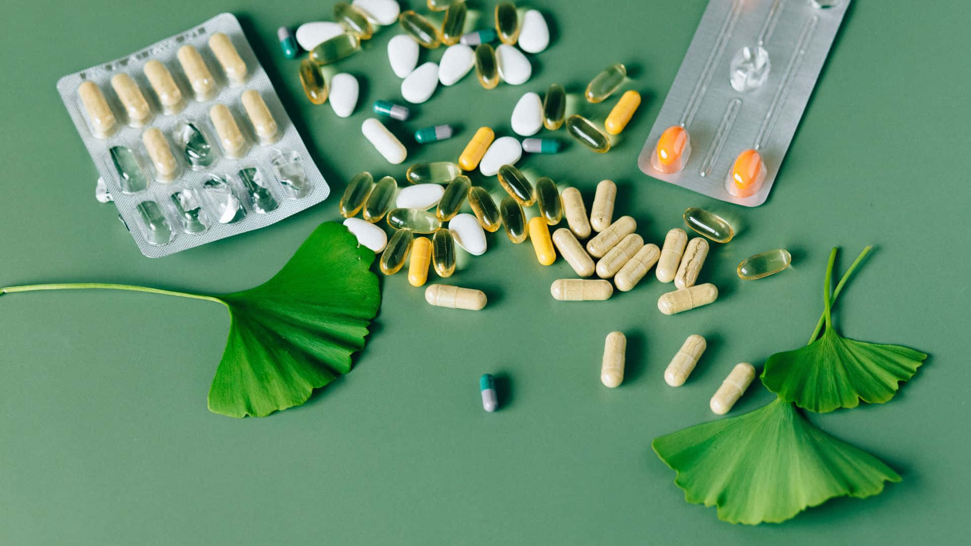 assorted medications, supplements, ginkgo leaves, Full HD Desktop Wallpaper