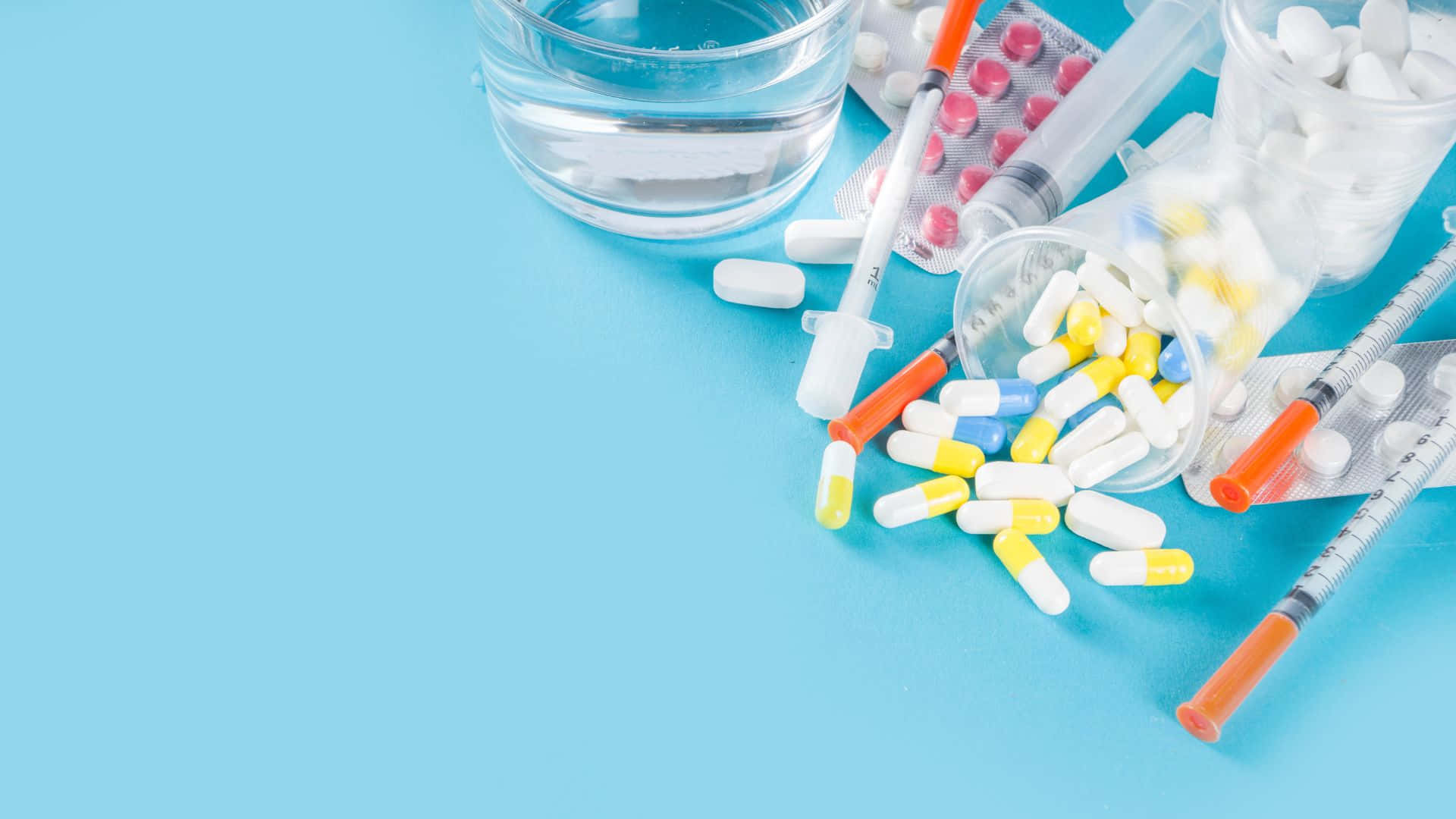 medical supplies, colorful pills, syringes, Full HD Desktop Wallpaper