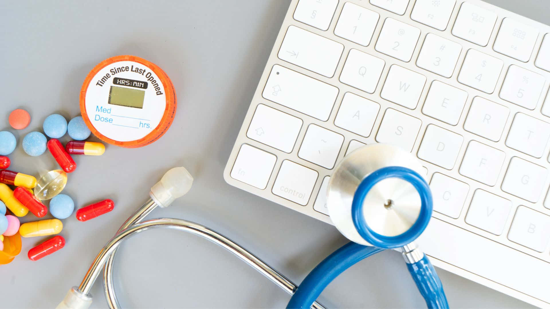 stethoscope, colorful pills, white keyboard, Full HD Desktop Wallpaper