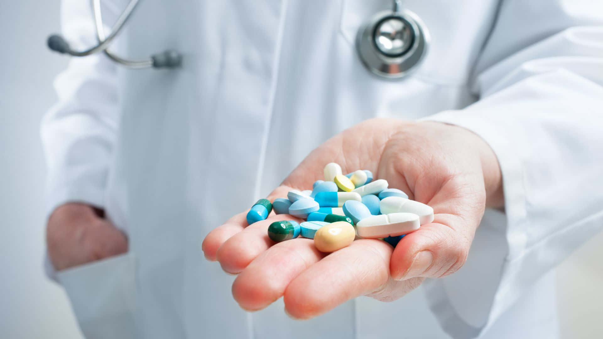 doctor, white coat, colorful assortment of pills, Full HD Desktop Wallpaper
