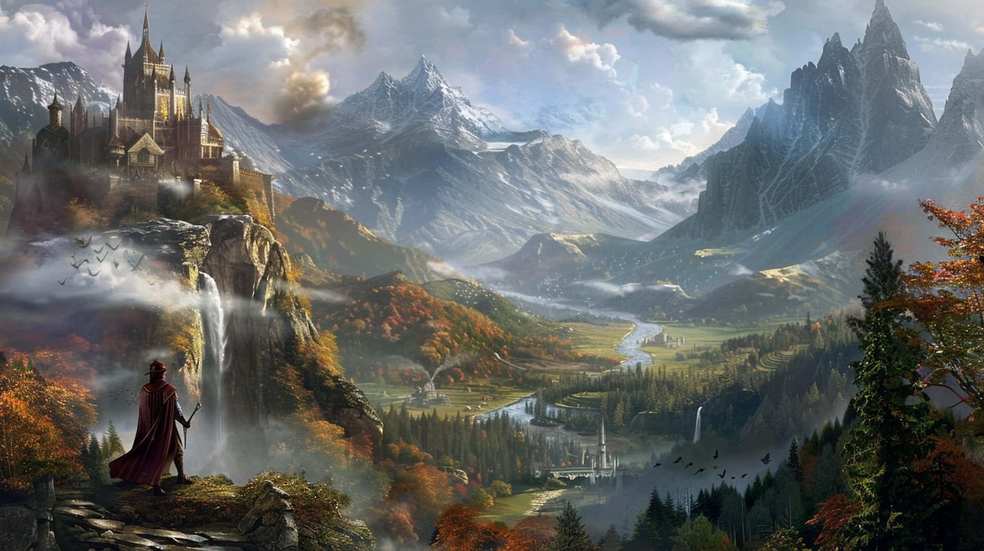 majestic castle, cliff, misty valley, Full HD Desktop Wallpaper
