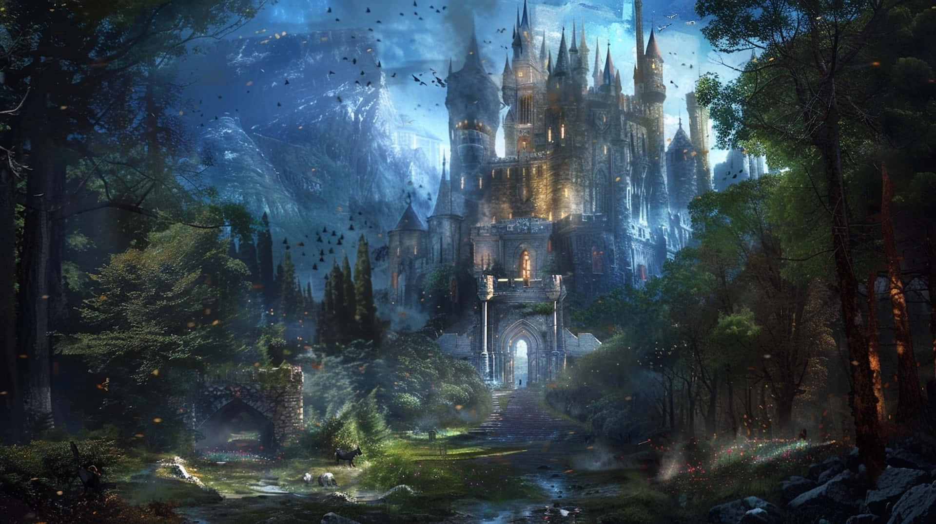enchanted forest castle fantasy, gothic castle, glowing windows, Full HD Desktop Wallpaper