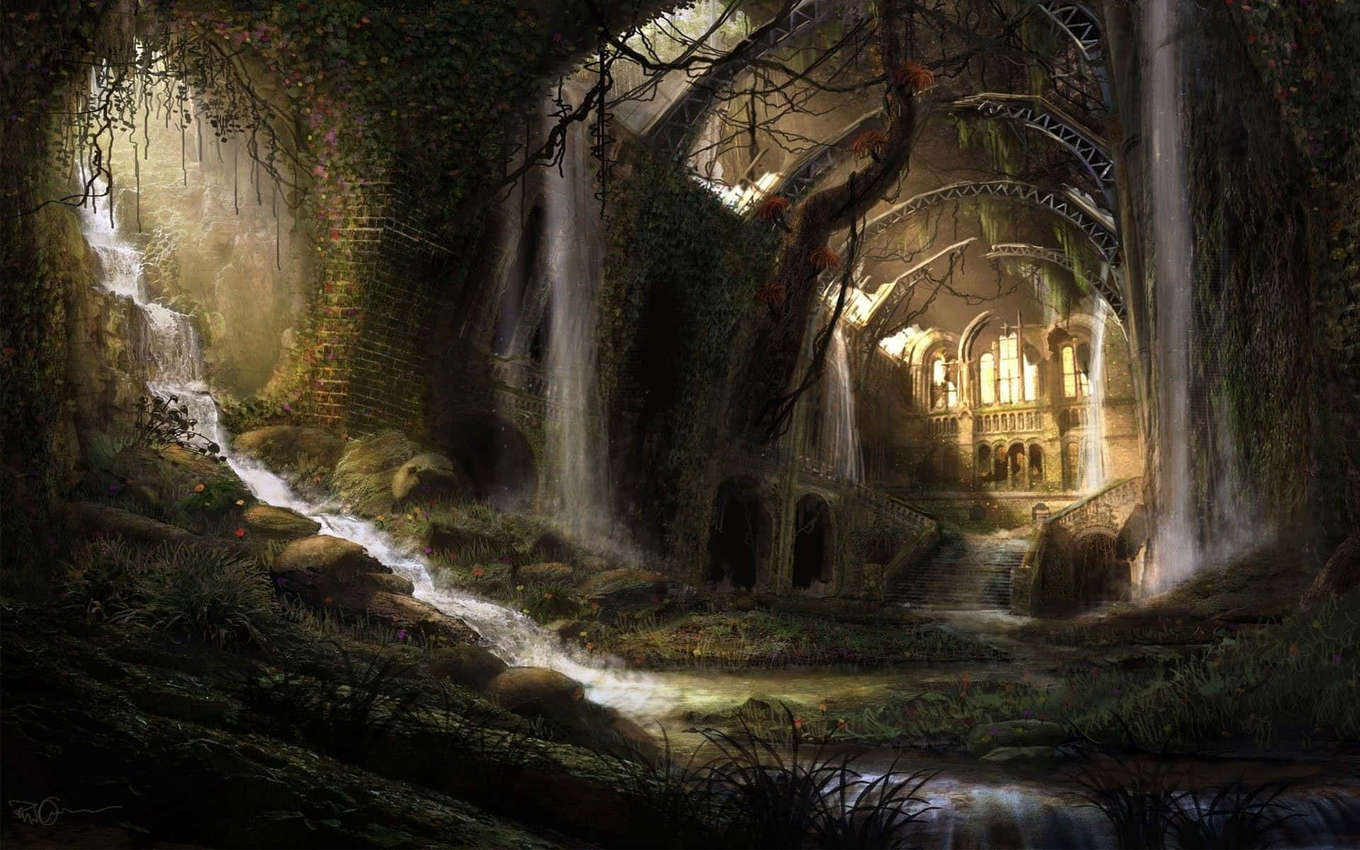 enchanted ruins, forest stream, arched stone bridges, Full HD Desktop Wallpaper