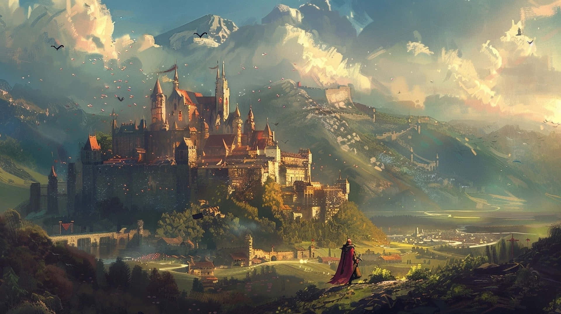 majestic medieval castle, misty mountains, dramatic sunset sky, Full HD Desktop Wallpaper