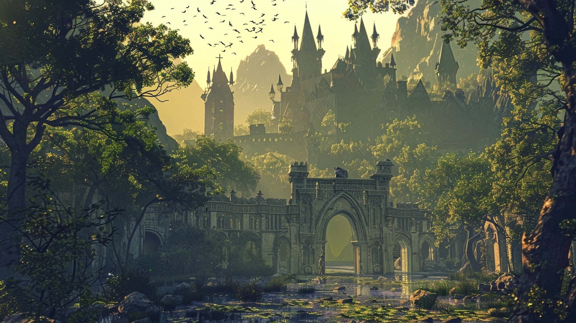 enchanted castle, sunrise, gothic castle, Full HD Desktop Wallpaper