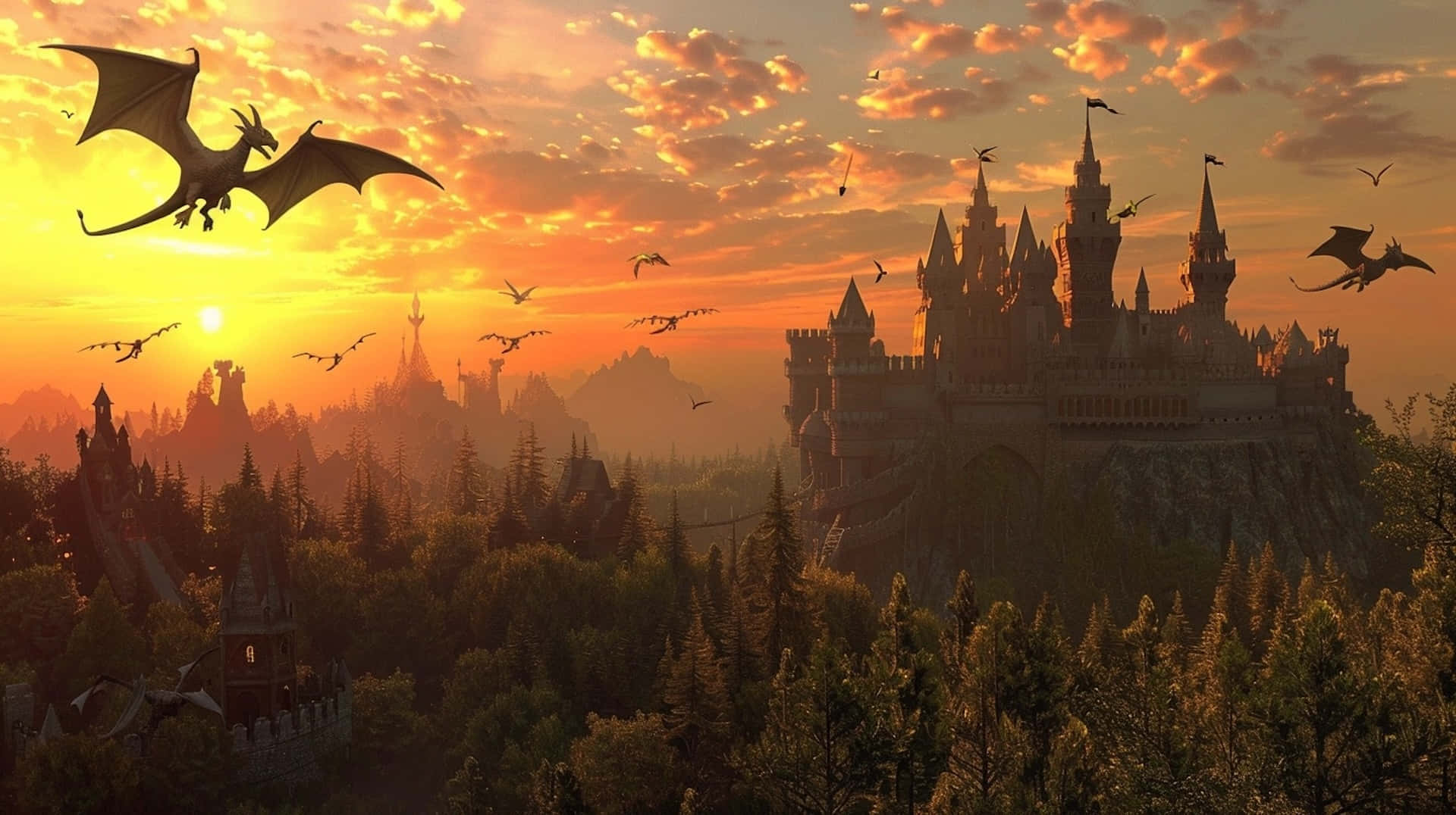 sunset, dragon flight, medieval castle, Full HD Desktop Wallpaper