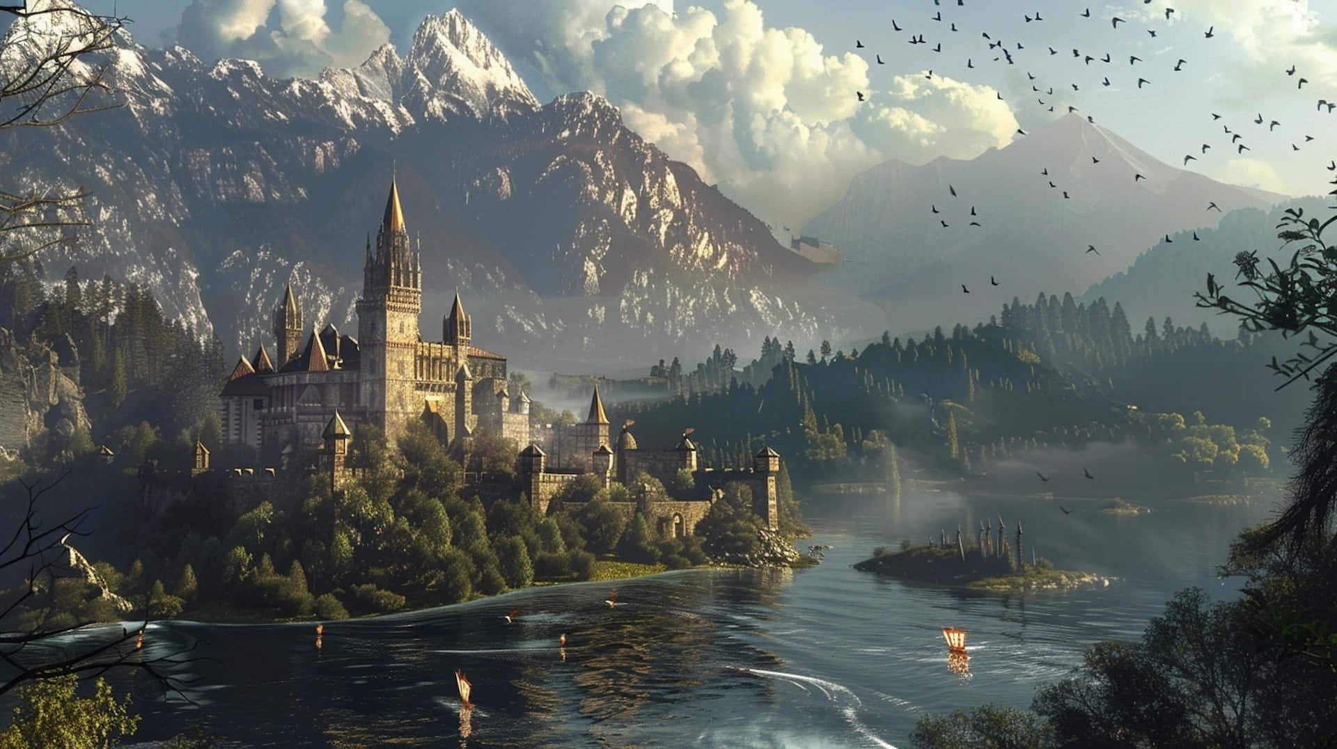 enchanted mountain castle landscape, medieval castle, forested island, Full HD Desktop Wallpaper