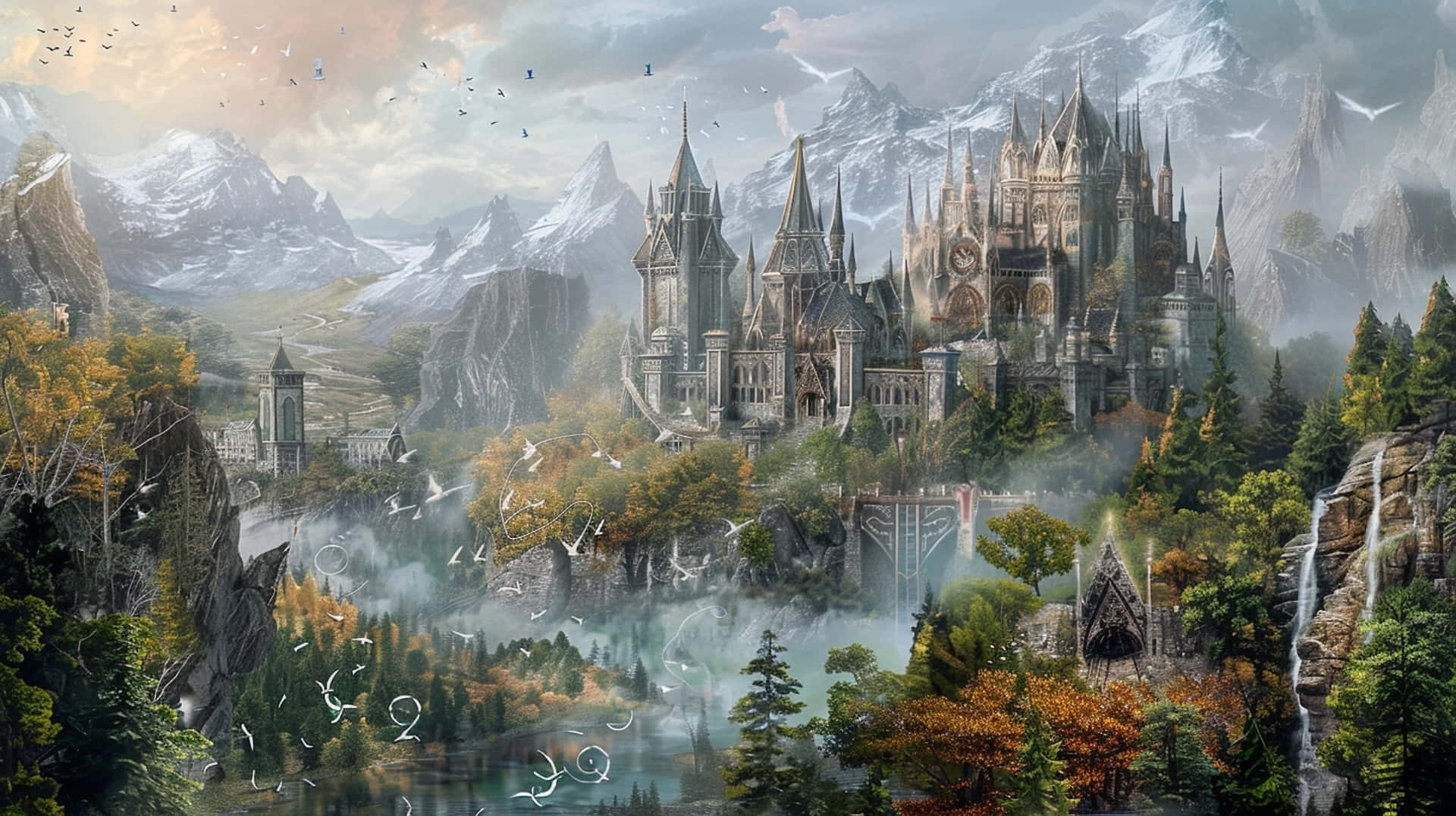 enchanted medieval castle valley, gothic castle, misty cliff, Full HD Desktop Wallpaper