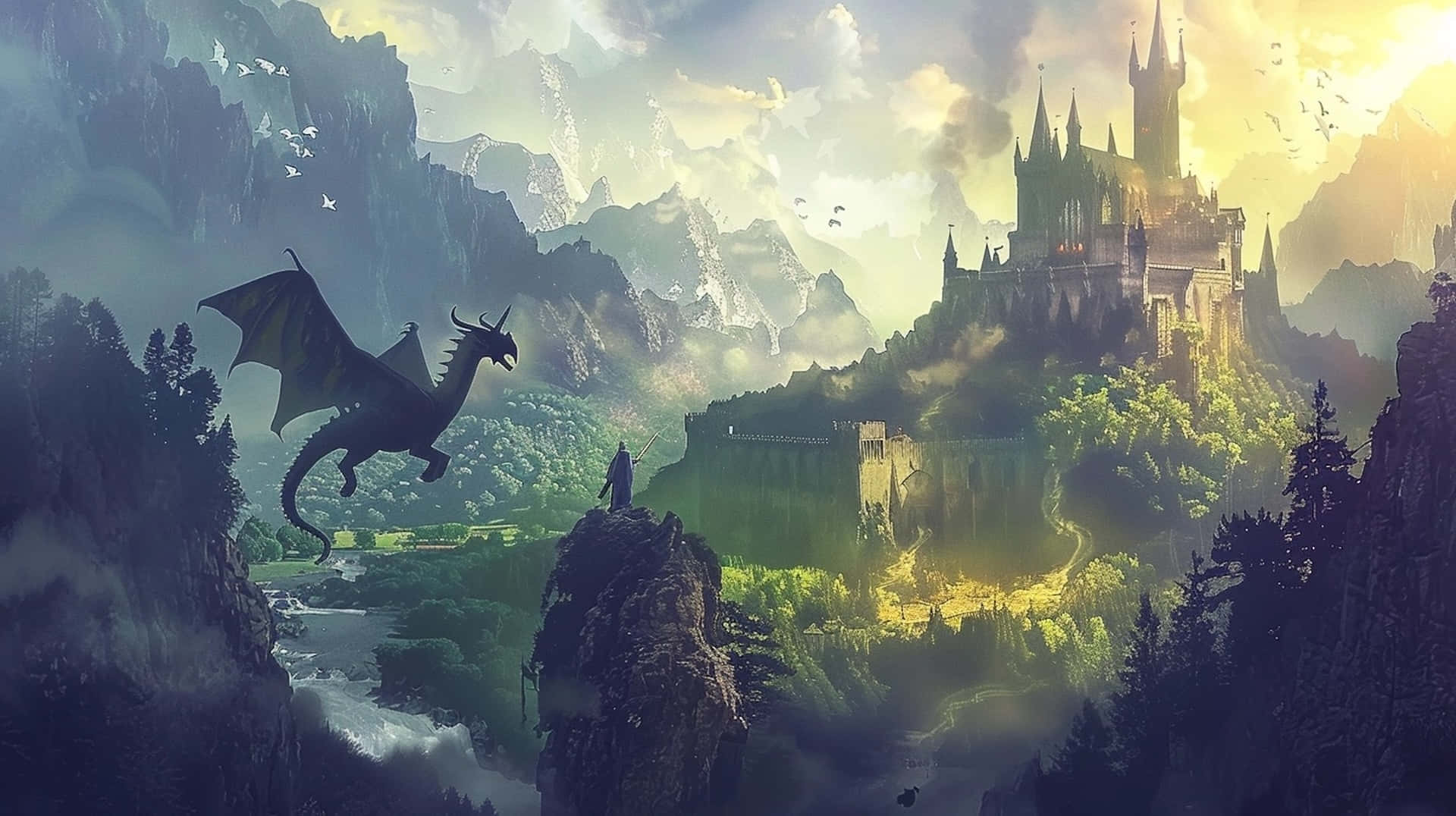 mystical dragon, black dragon, misty valley, Full HD Desktop Wallpaper