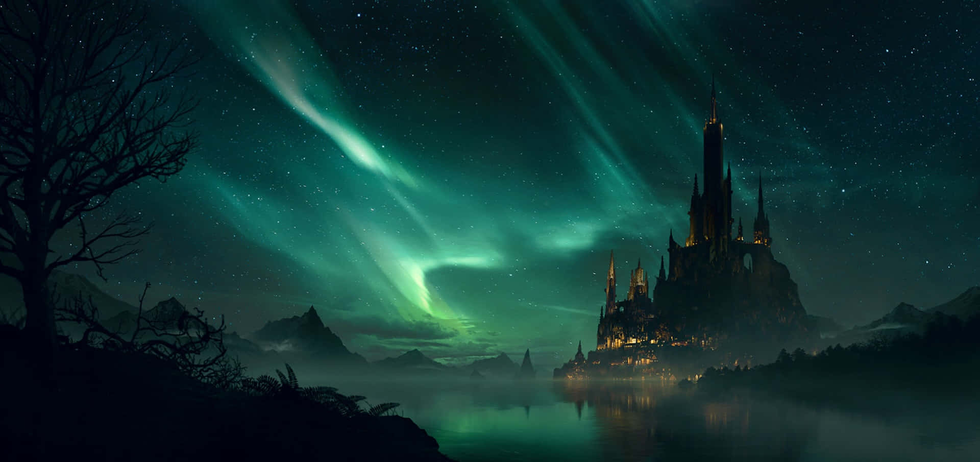 enchanted castle, northern lights, aurora borealis, Full HD Desktop Wallpaper