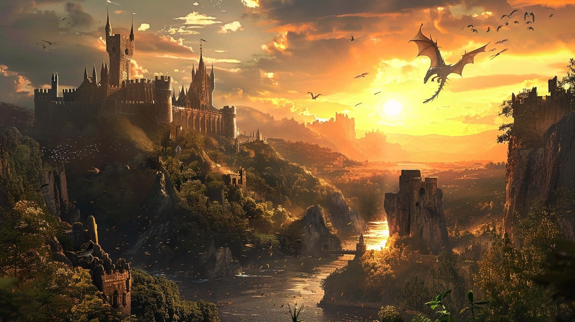 sunset, dragon, castle, Full HD Desktop Wallpaper