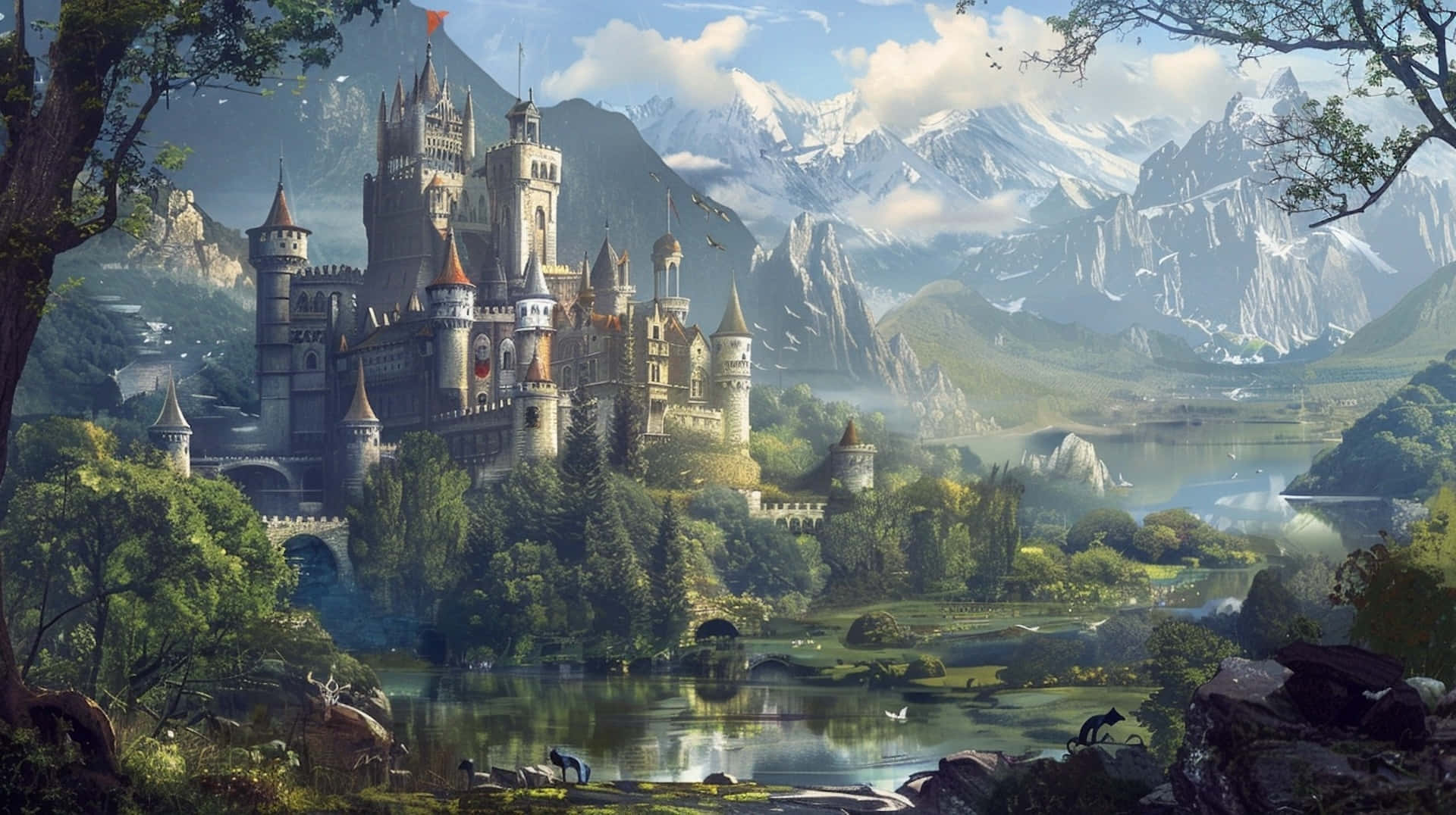 enchanted mountain castle landscape, medieval castle, red roofs, Full HD Desktop Wallpaper