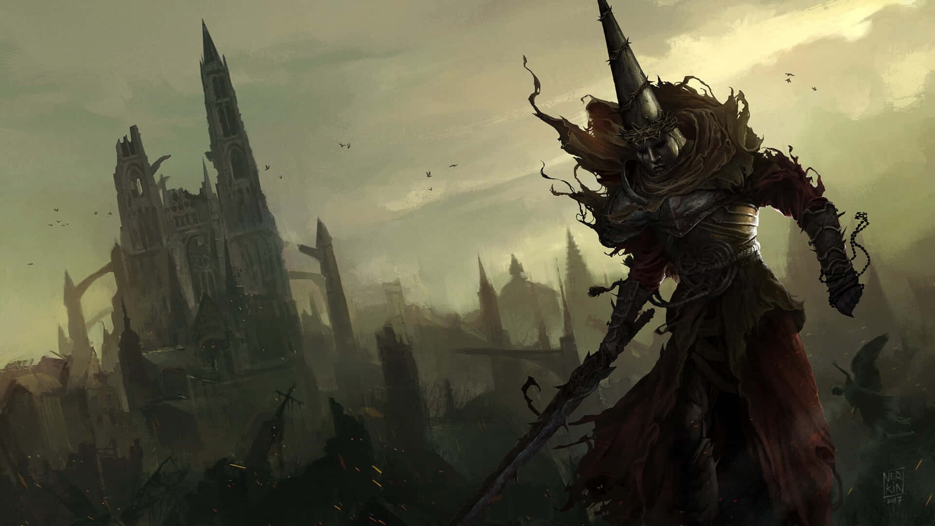 dark armored warrior, spiked helmet, ruined gothic city, Full HD Desktop Wallpaper