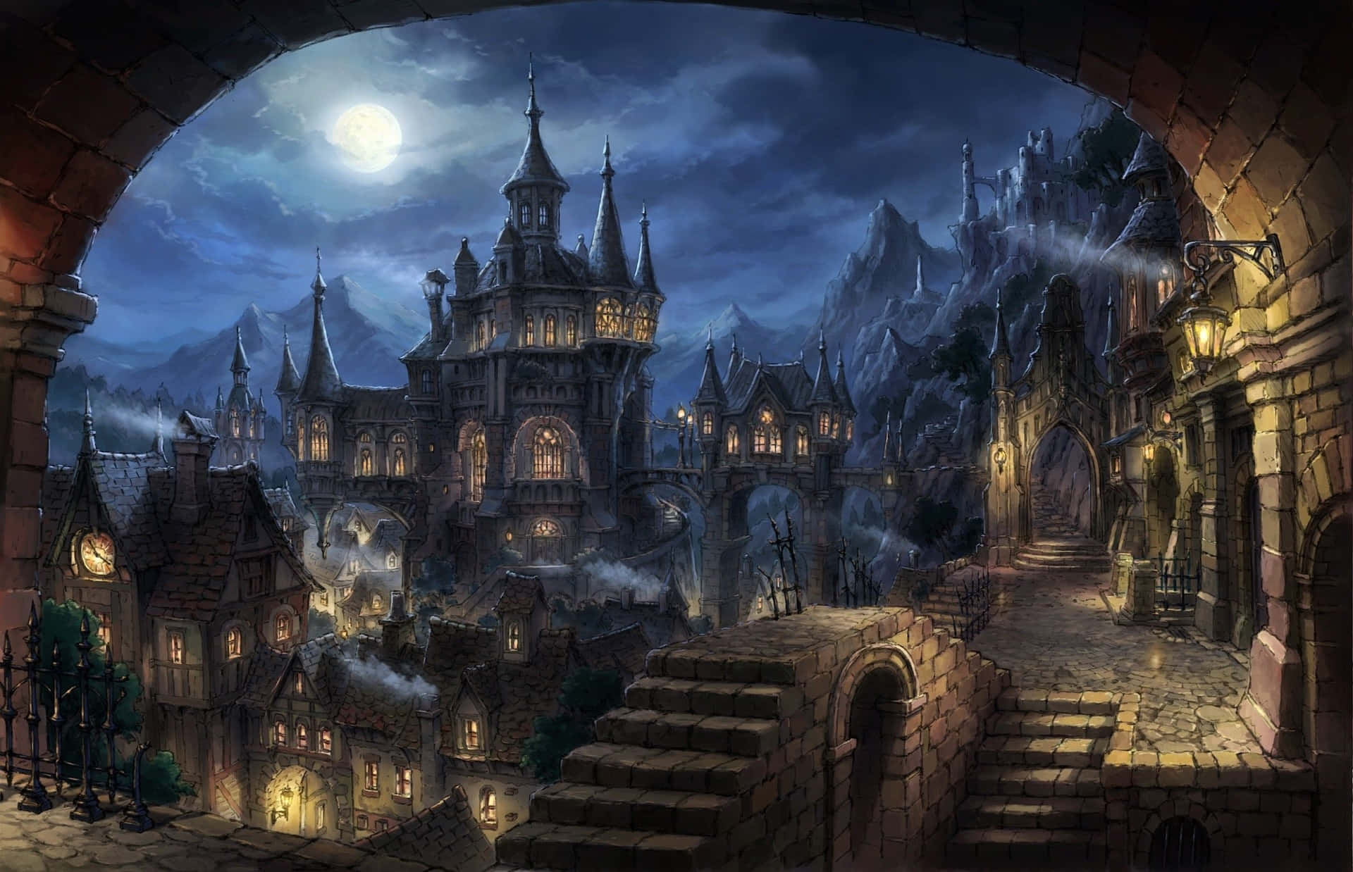 moonlit fantasy castle town, stone archway, glowing windows, Full HD Desktop Wallpaper