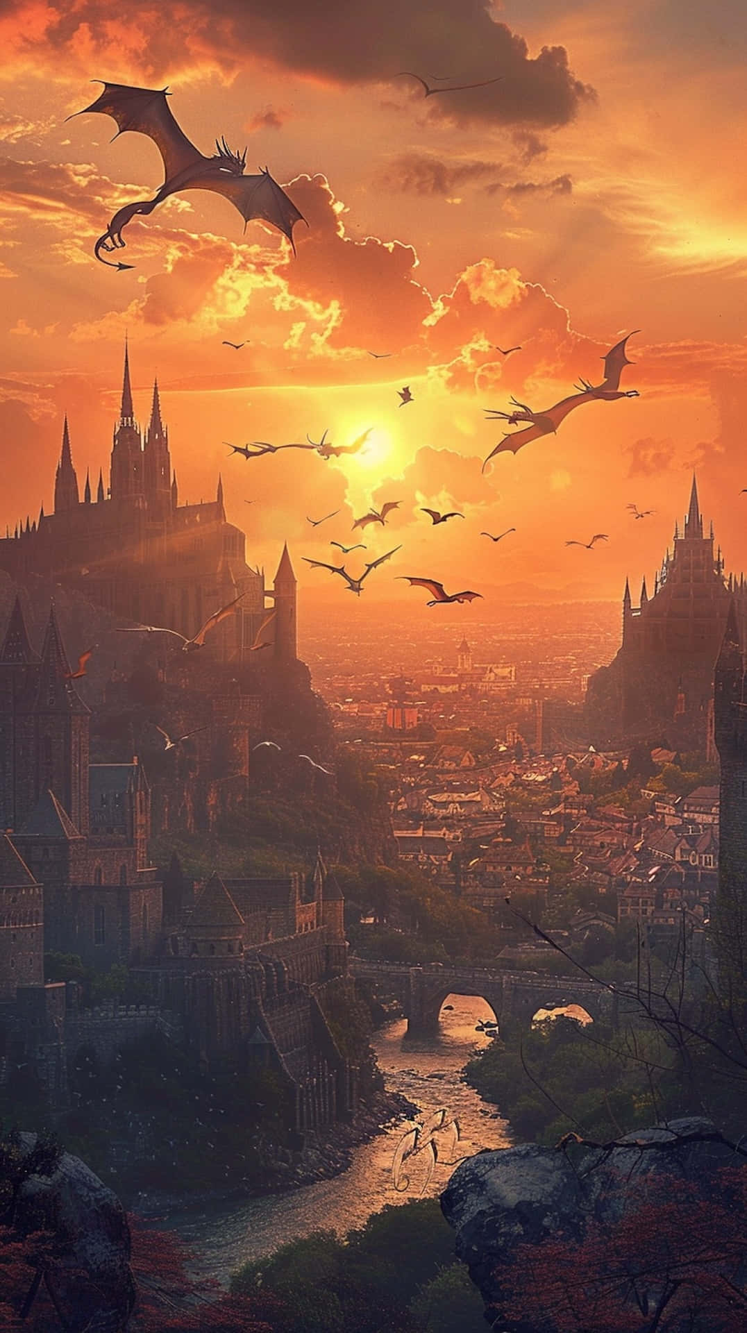 dragons, gothic city, fiery sunset, Full HD Phone Wallpaper